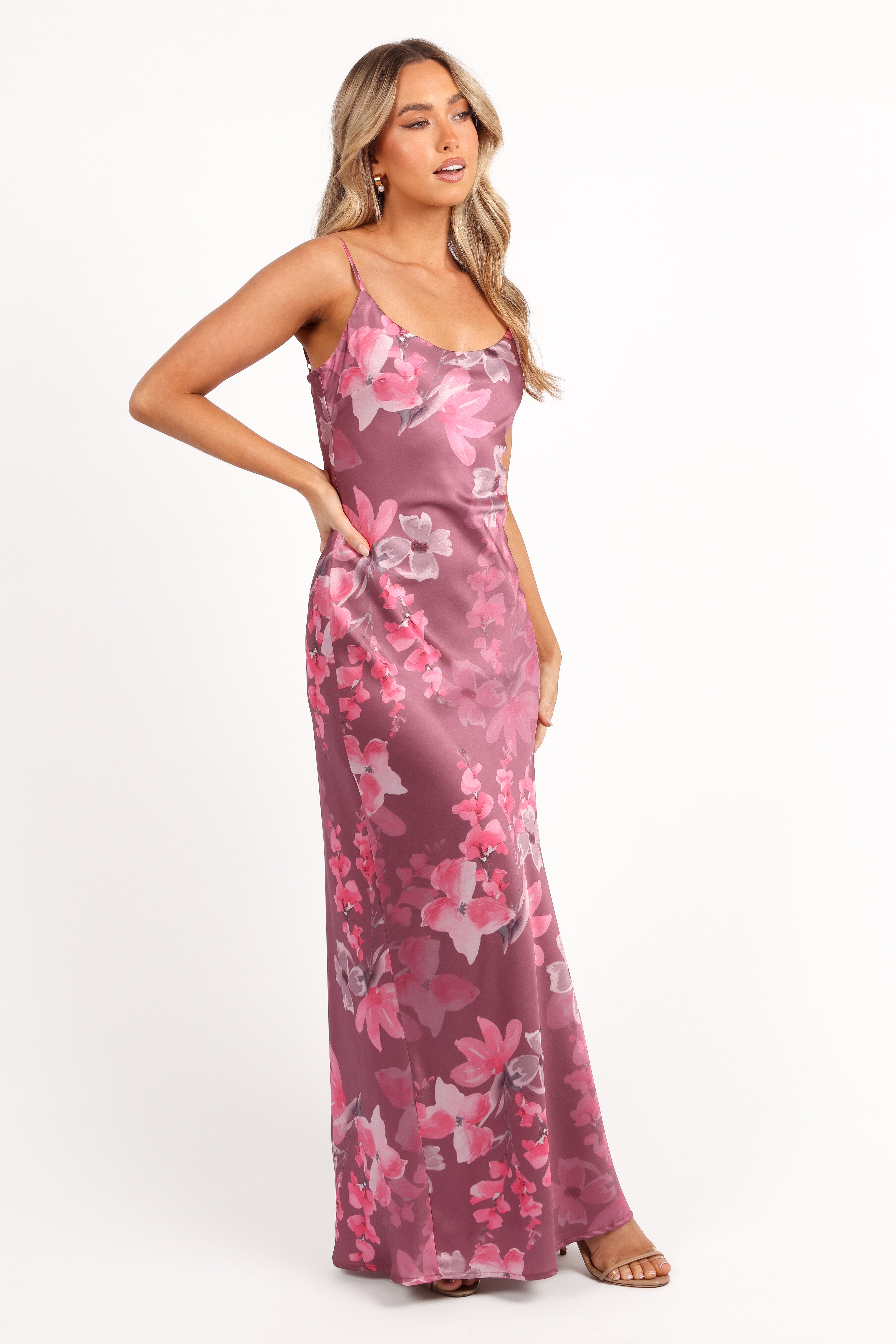 Jamie Maxi Slip Dress - Dark Rose Floral Print Long Sleeve Elegant Evening Gown for Women | Perfect for Parties, Weddings & Special Occasions