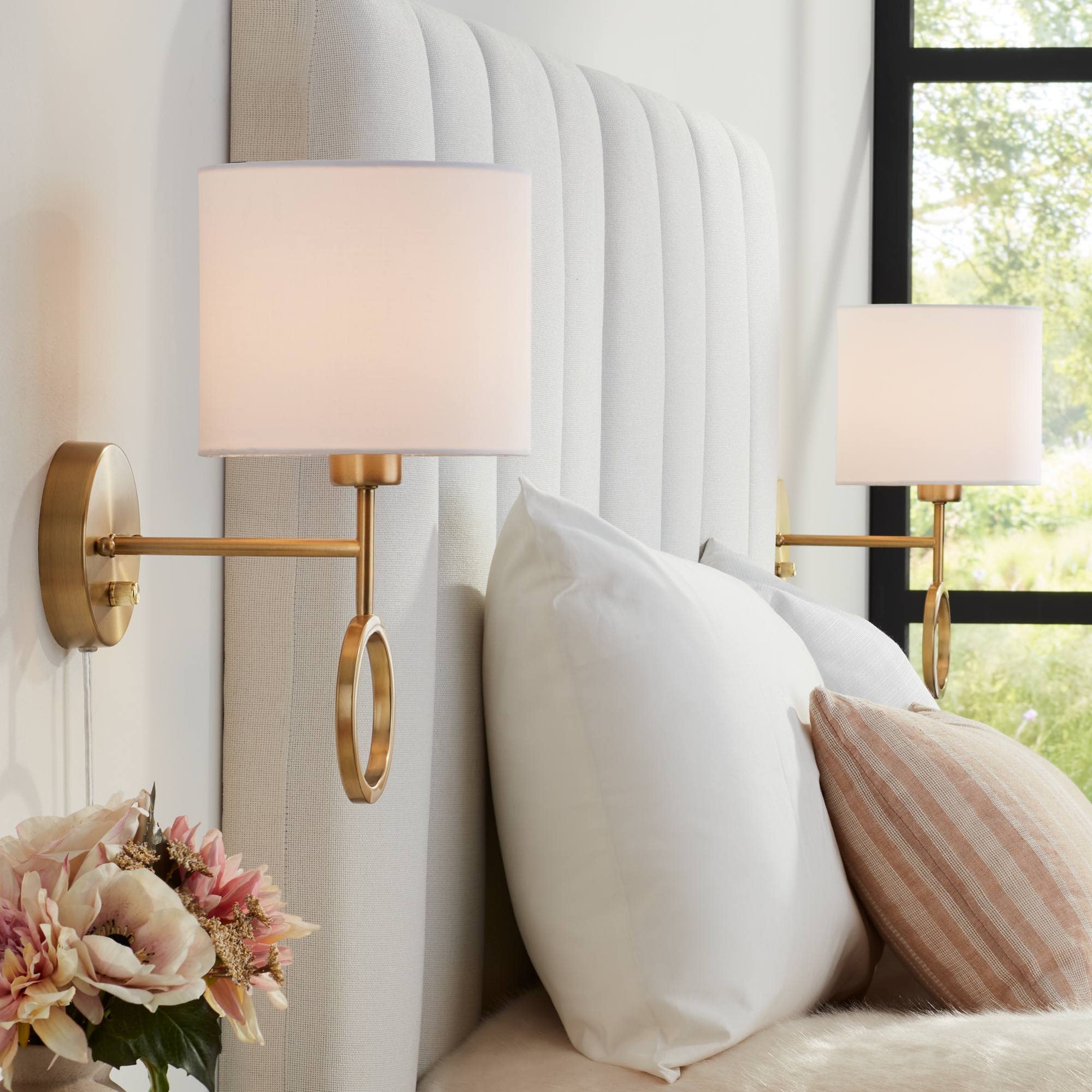 360 Lighting Amidon Modern Wall Lamps Set of 2 - Warm Brass Gold Metal Plug-in 8
