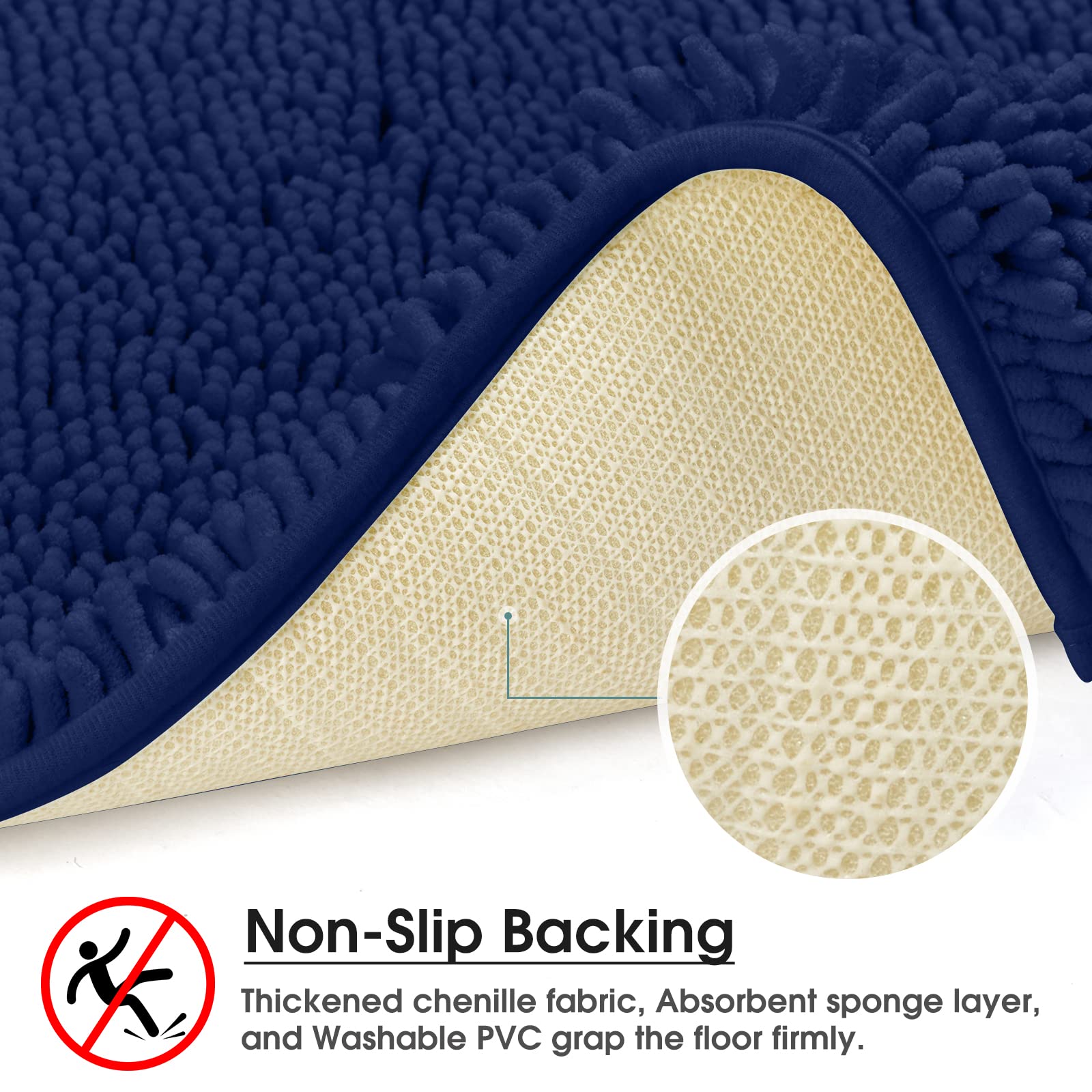 HOMEIDEAS Navy Blue Bathroom Rug Runner 17x47 Inch - Ultra Soft, Absorbent, Non-Slip Chenille Plush Shower Mat - Machine Washable Bath Carpet for Bathroom, Shower, and Vanity Areas - Perfect for Modern and Cozy Home Decor