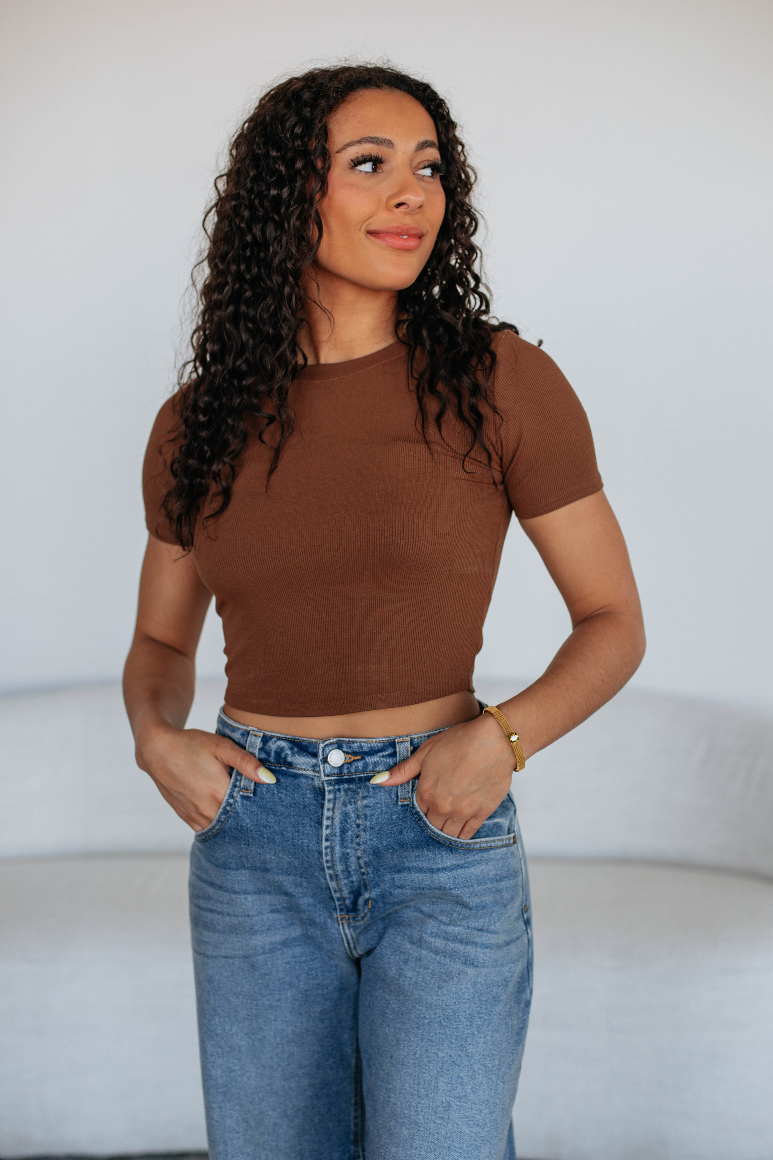 Lenna Ribbed Top for Women - Soft Stretch Cocoa Brown Knit Shirt - Perfect for Casual Wear, Layering & Everyday Outfits
