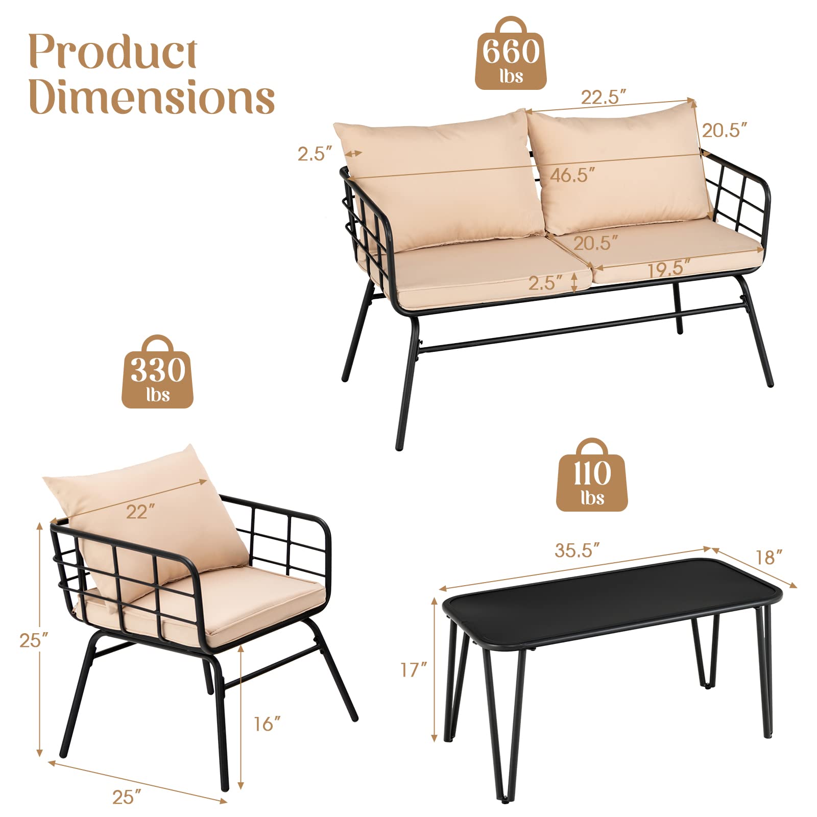 Giantex 4-Piece Outdoor Patio Furniture Set - Steel Frame Loveseat Bench, Coffee Table & 2 Bistro Chairs with Cushions for Garden, Yard, Balcony, Poolside (Beige & Black) | Perfect for Relaxing, Entertaining & Outdoor Dining