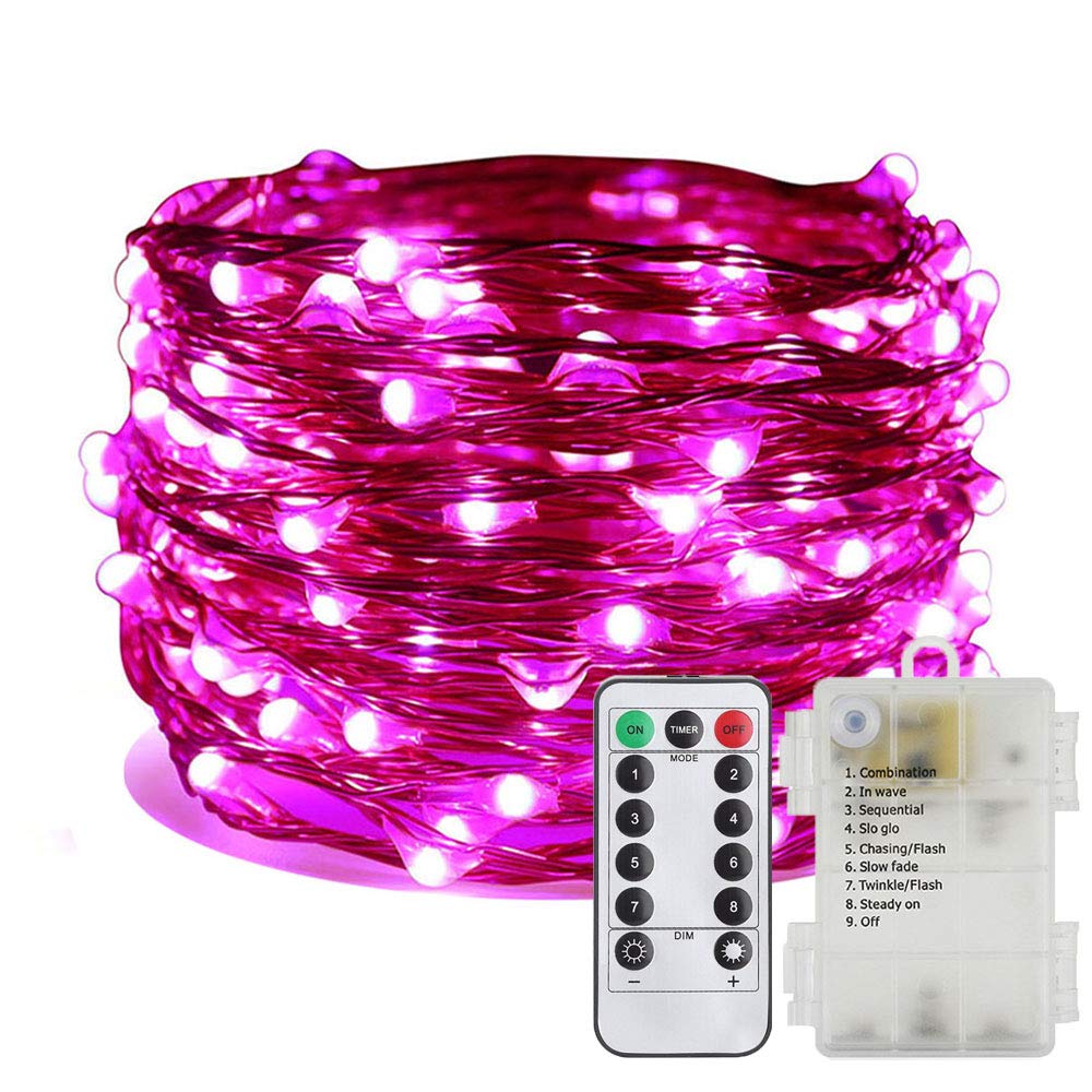 ER CHEN 100 LED Fairy Lights - 33ft Battery Operated Waterproof String Lights with Remote & Timer, 8 Lighting Modes, Copper Wire for Indoor/Outdoor Decor (Pink) - Perfect for Bedroom, Wedding, Party, Garden, Christmas Tree Decoration