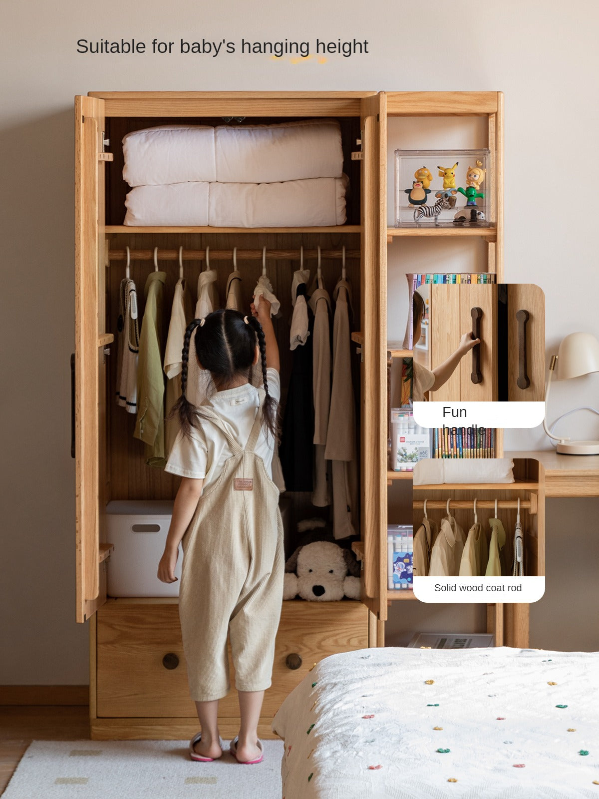 Premium Oak Solid Wood Kids Wardrobe - Multi-Functional Storage Organizer for Clothes, Toys & Books - Perfect for Bedroom, Nursery & Playroom Organization