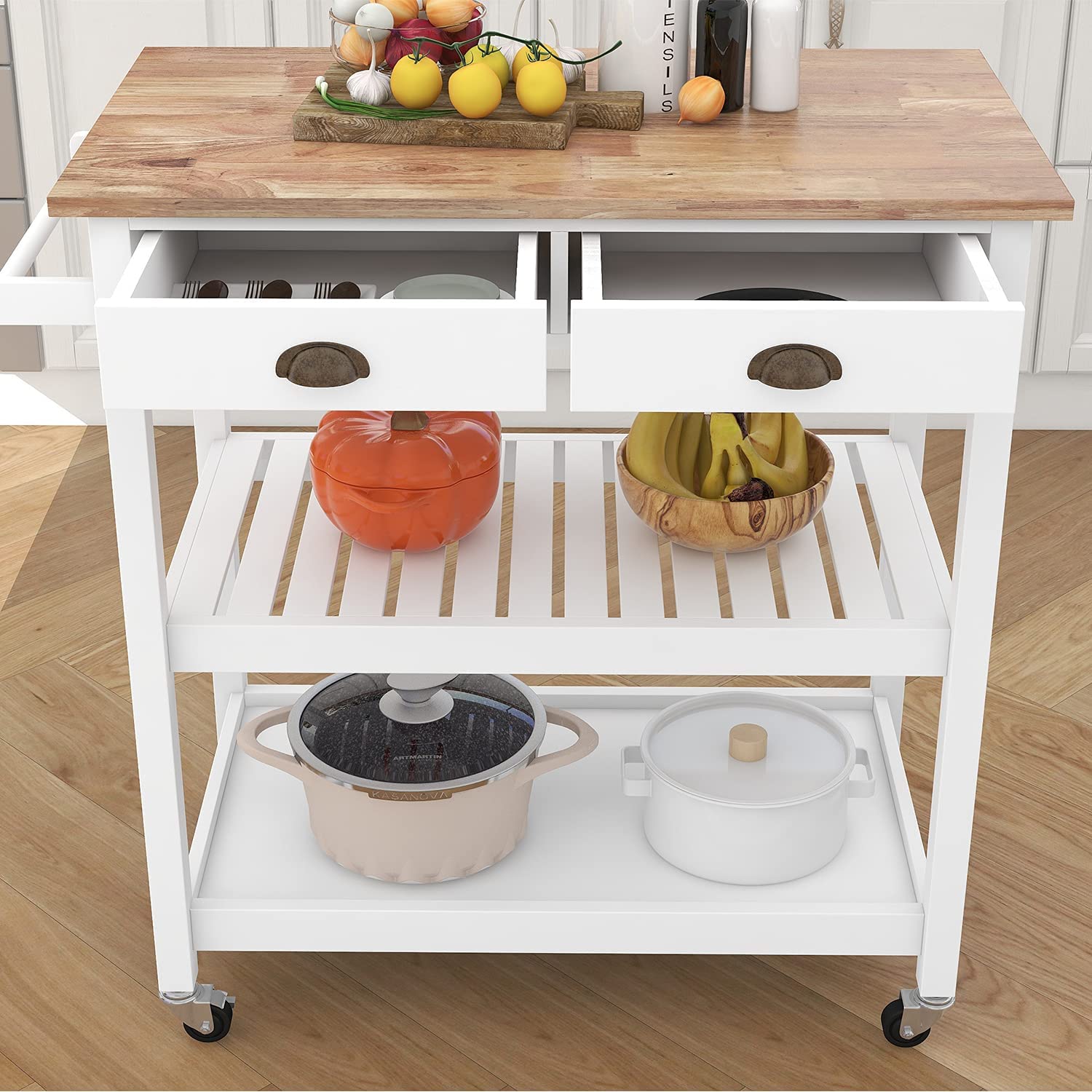 ChooChoo Rolling Kitchen Cart - Portable Kitchen Island with Wood Top, Drawers & Two-Tier Open Shelf | White Kitchen Trolley with Towel Rack | Ideal for Small Spaces, Apartment Cooking & Extra Counter Storage