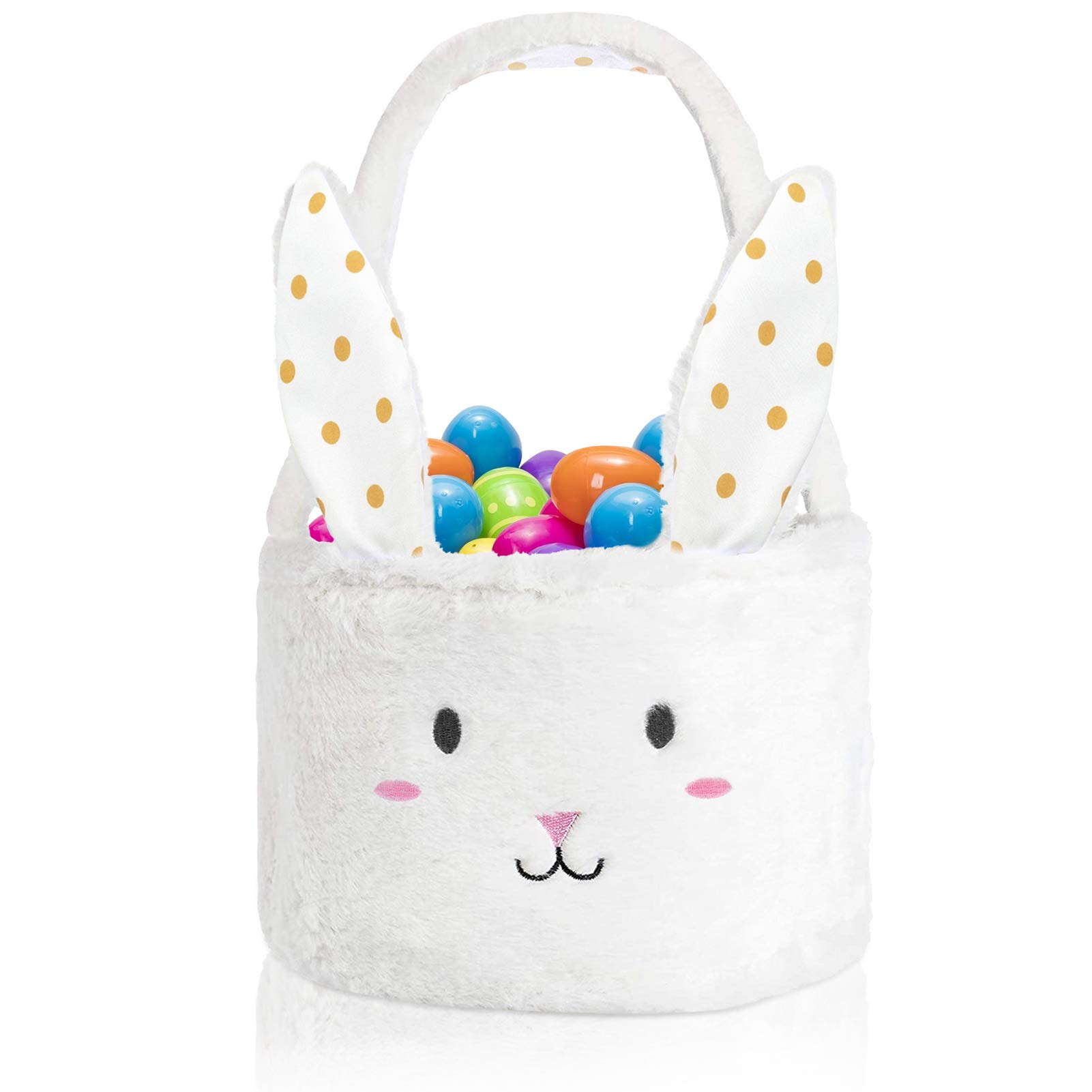 Evoio Fluffy Bunny Easter Basket for Kids - Foldable Rabbit Ears Easter Egg Hunt Tote Bag - Perfect Easter Gift for Toddler Girls & Boys - Great for Easter Decorations, Parties & Holiday Celebrations (White)