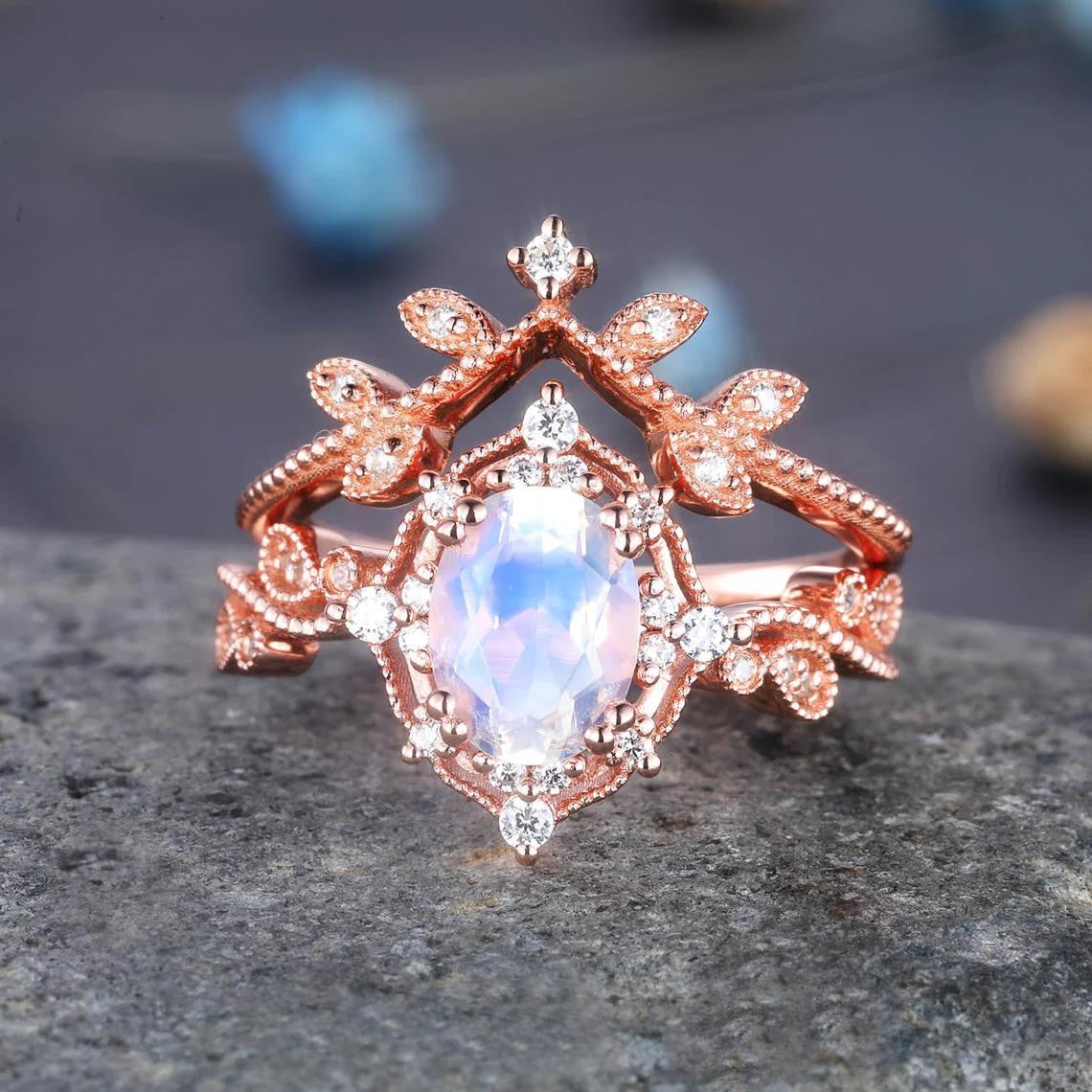 Rose Gold Oval Moonstone Engagement Ring Set with Diamond Eternity Band - Stackable Crown Ring for June Birthstone - Perfect for Weddings, Anniversaries & Special Occasions