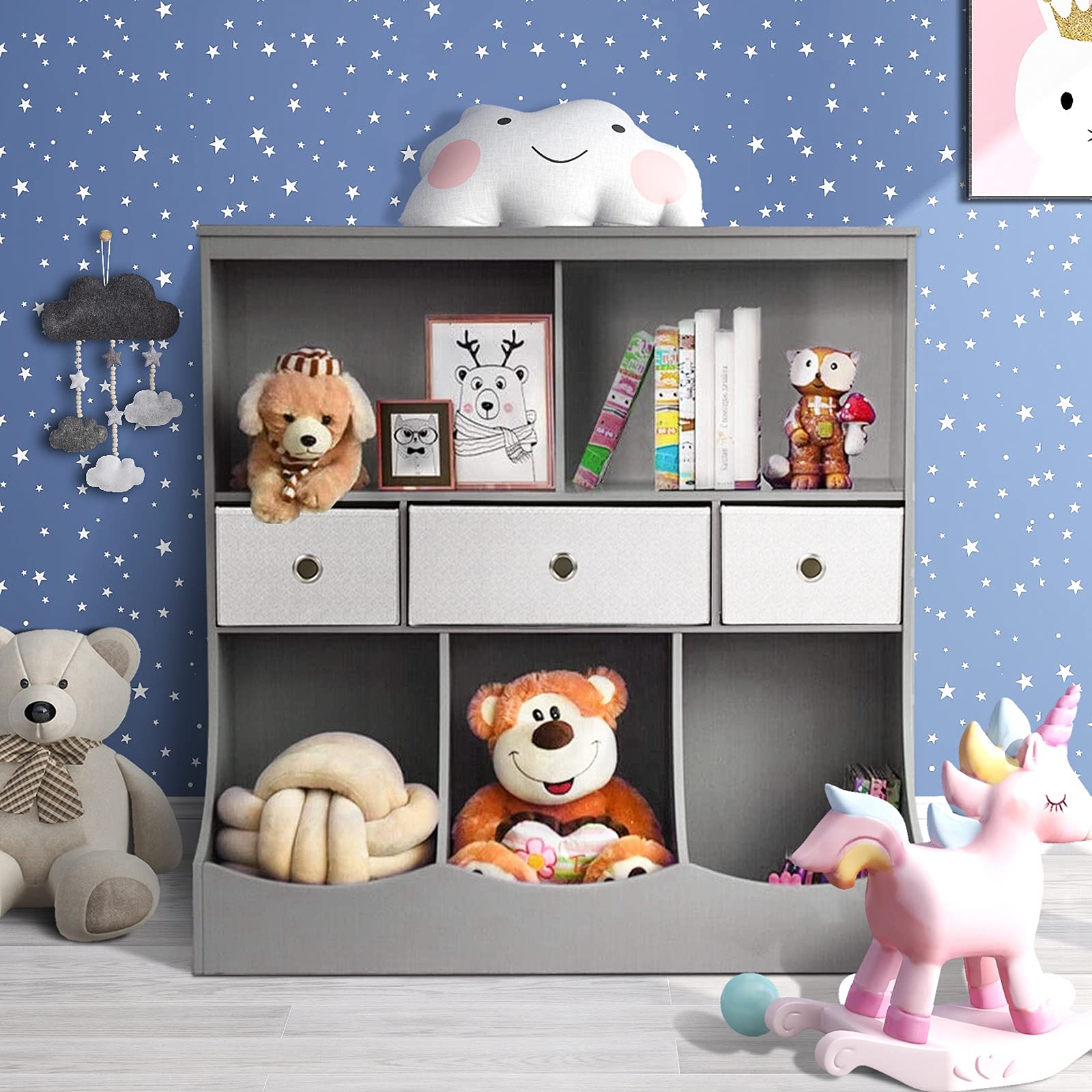 YGBH Toy Storage Organizer with Bookcase - 8 Compartments & 3 Baskets, Wide Toddler Storage Cabinet with Multi Shelf Cubby for Books and Toys (Grey) - Perfect for Kids' Room, Playroom, and Classroom Organization