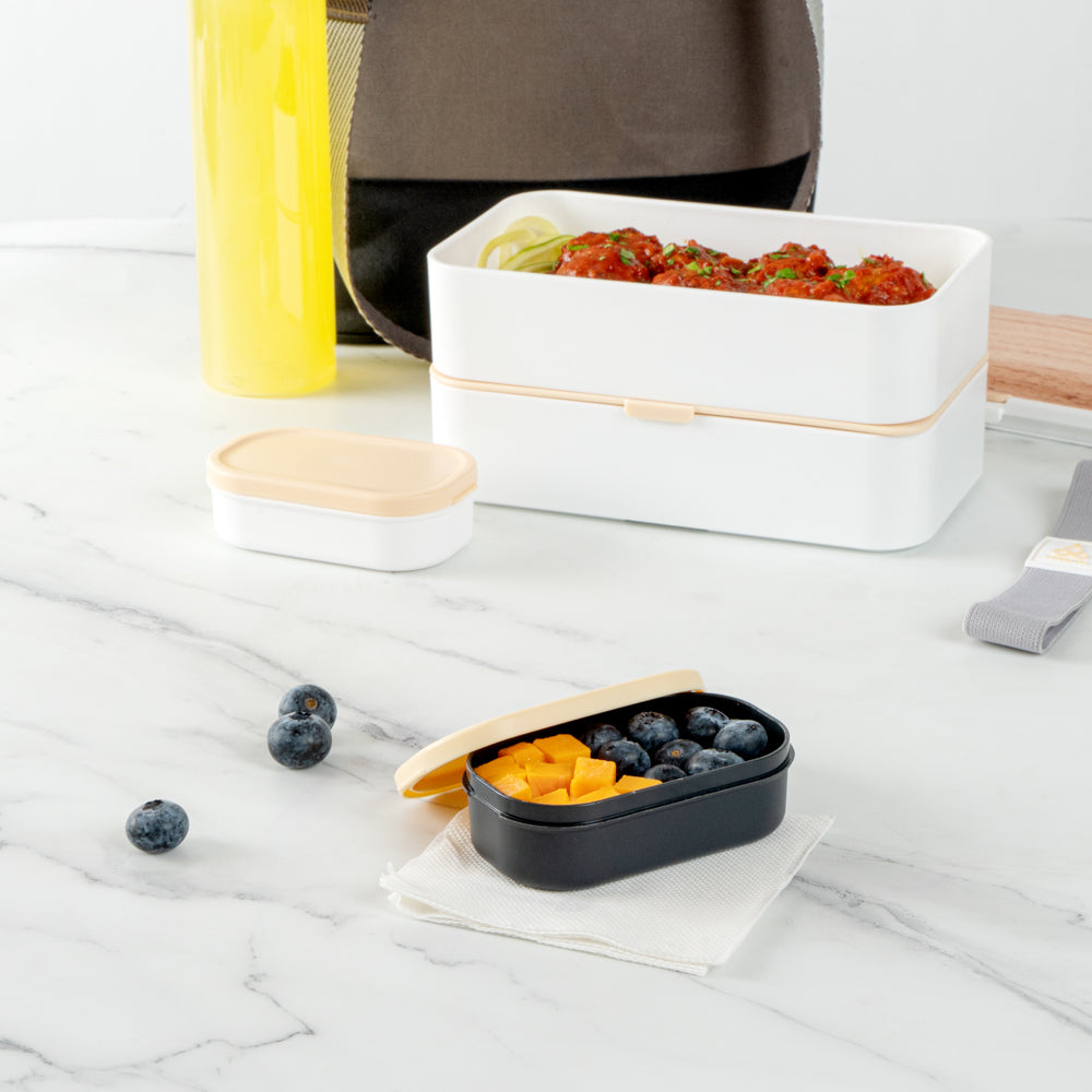 Bento Tek 3 oz Black Buddha Box Snack & Sauce Container with Beige Lid - 3.75