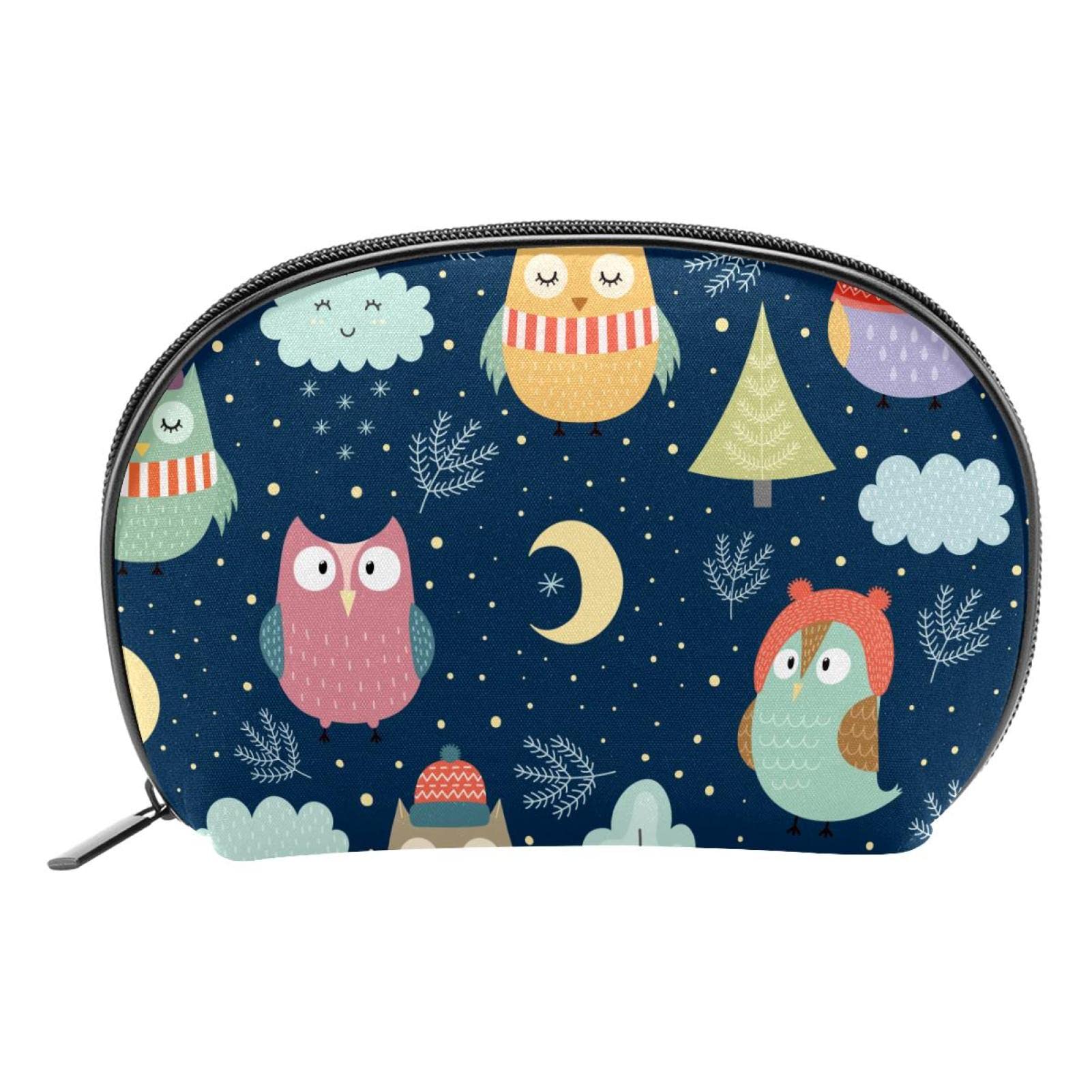 Reusable Semicircle Cosmetic Bag - Cute Winter Owls at Night Makeup Pouch for Women & Girls | Travel Toiletry Organizer & Coin Purse | Perfect for Vacation, Gym, and Daily Essentials Storage