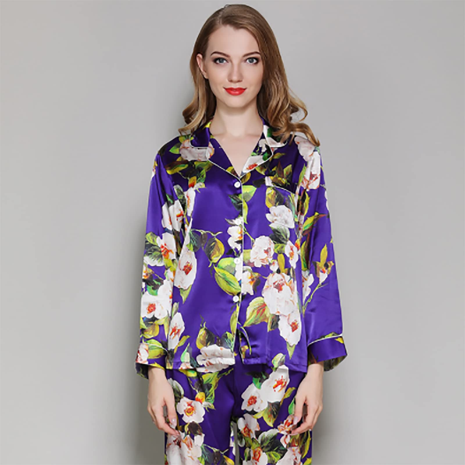 Women's Satin Floral Long Sleeve Pajama Set - Soft Button Down Sleepwear & Lounge Pjs for Ladies (Purple, Medium) - Perfect for Relaxing at Home, Sleepovers & Cozy Nights