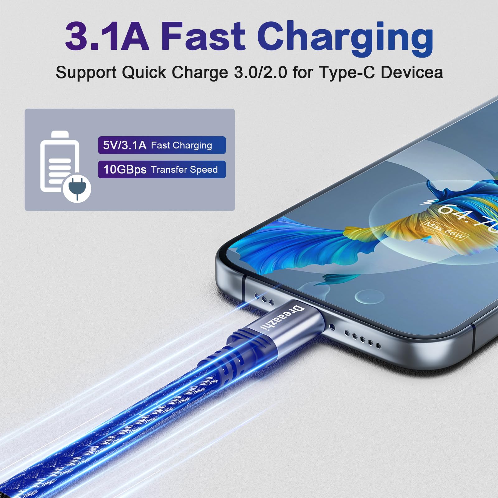 Dreaazhi USB C to USB 3.1 Gen 2 Fast Charging Cable (0.2M/0.66ft) - 10Gbps Data Transfer & 3.1A Quick Charge - Compatible with Samsung Galaxy S23/Note20, T7 SSD, SanDisk Extreme, Crucial X8, WD - Perfect for Travel, Office & Fast Device Charging