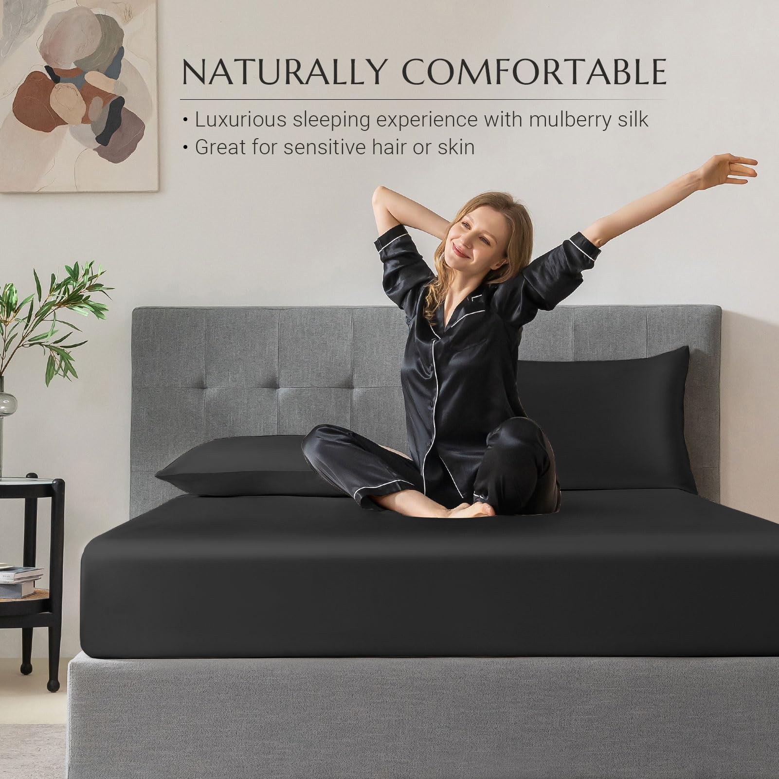 Premium 100% Mulberry Silk Fitted Sheet Set - 7A+ Grade 3-Piece Silk Bedding (Queen Size, Black) | 16