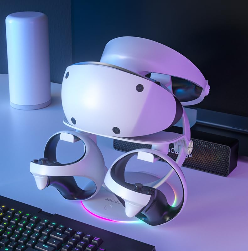 RGB Vertical Charging Dock for Oculus Quest 3/Quest 2/Meta Pro/PS5 VR2 - VR Headset Display Stand with Controller Holder & USB-C Charger - Perfect for Gaming Setup & VR Accessories Organization
