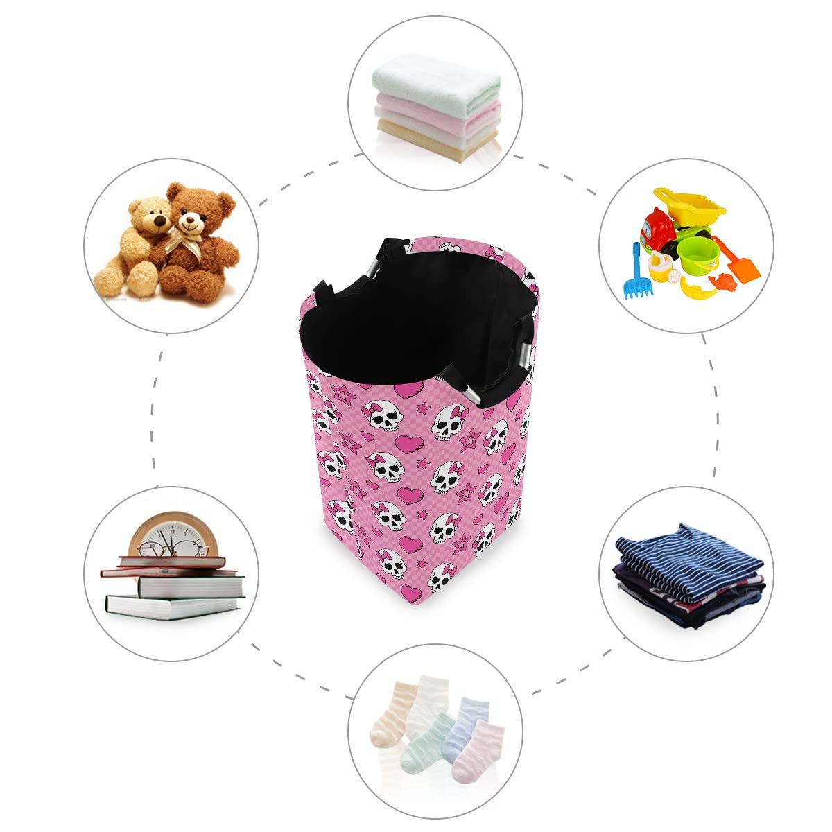 Pink Skull Girl Laundry Bag with Handles - Foldable Collapsible Laundry Basket Hamper for Laundry Room & Bathroom Organization - Perfect for College Dorm, Travel & Home Storage