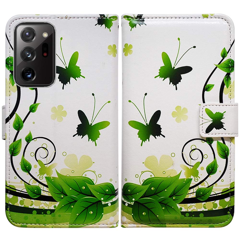 Samsung Galaxy Note 20 Ultra 5G Case - BCOV Green Butterfly Leather Flip Wallet Cover with Card Holder & Kickstand | Slim Protective Phone Case for Everyday Use, Travel & Business