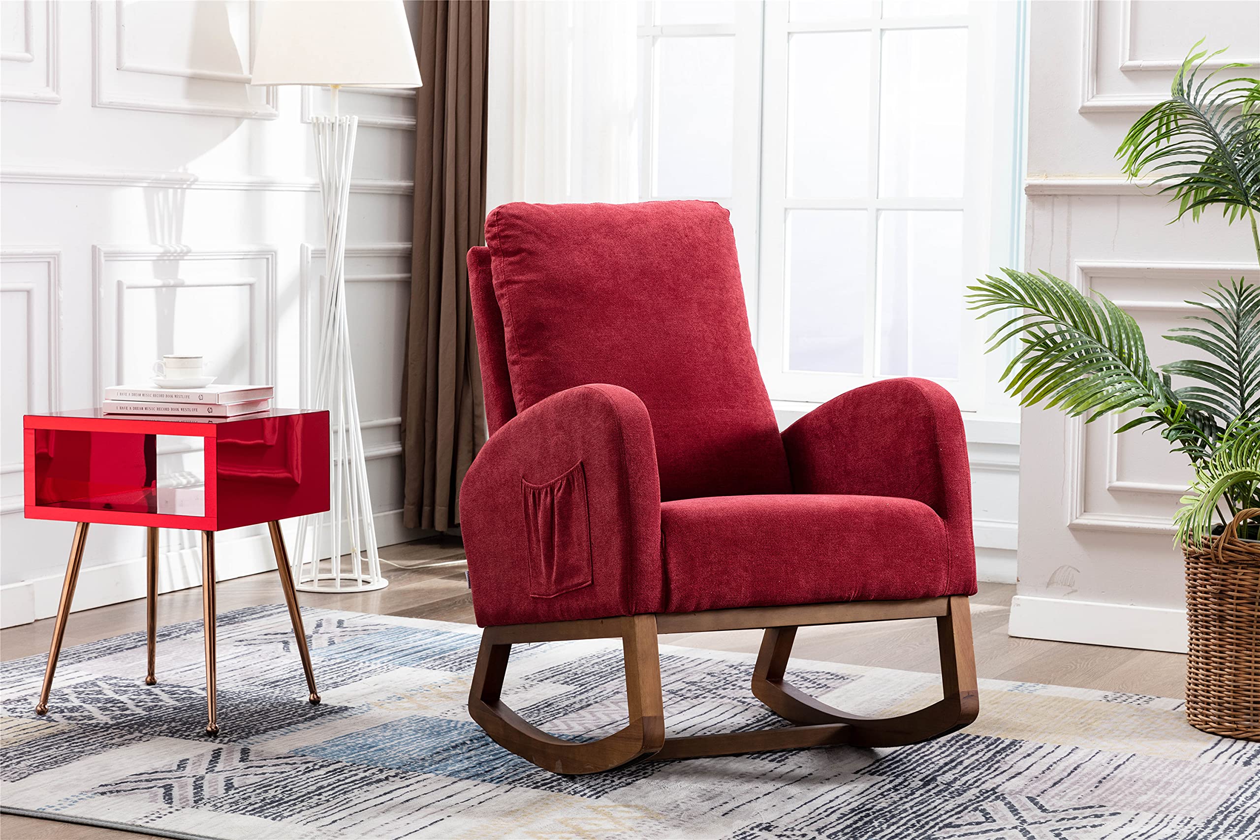 Modern Rocking Chair Nursery Glider Recliner - High Back Cushion Accent Chair for Baby Nursery, Living Room & Lounge - Comfortable Indoor Rocker with Storage Pocket (Red) - Perfect for Nursing, Relaxing & Nursery Decor