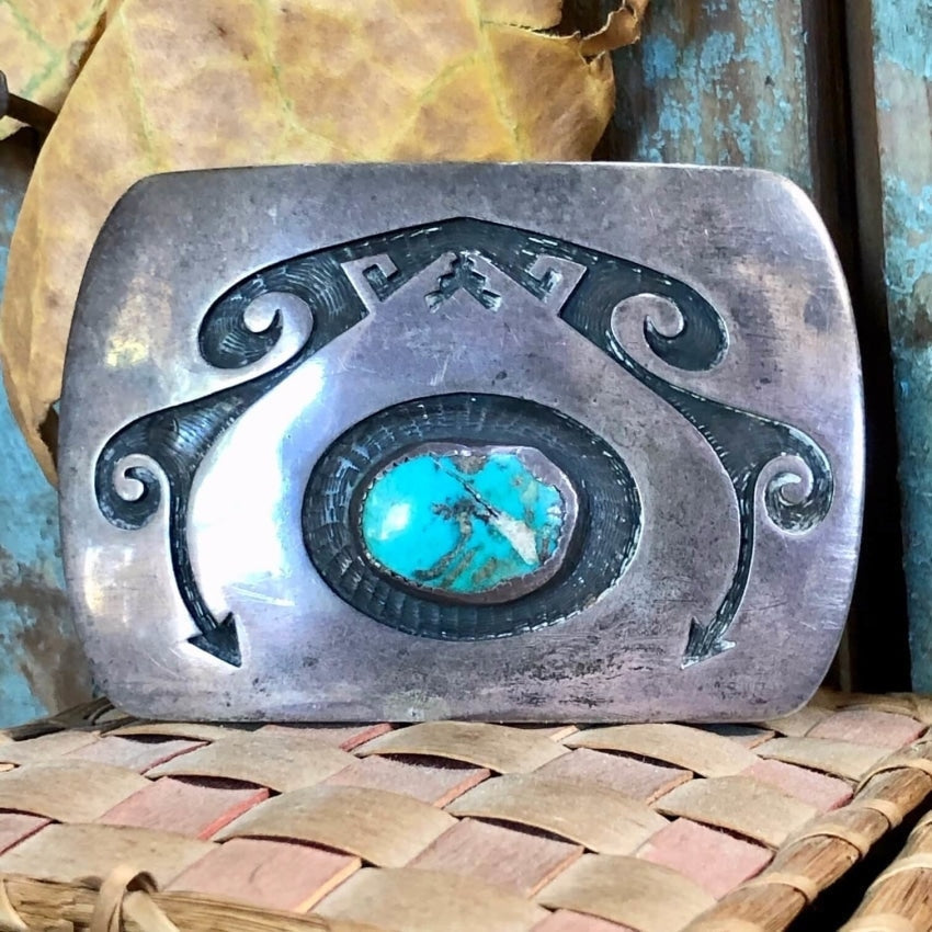 Authentic Hopi Fermin Hawee Turquoise Sterling Silver Belt Buckle - Handmade Native American Jewelry for Western Fashion & Cowboy Accessories