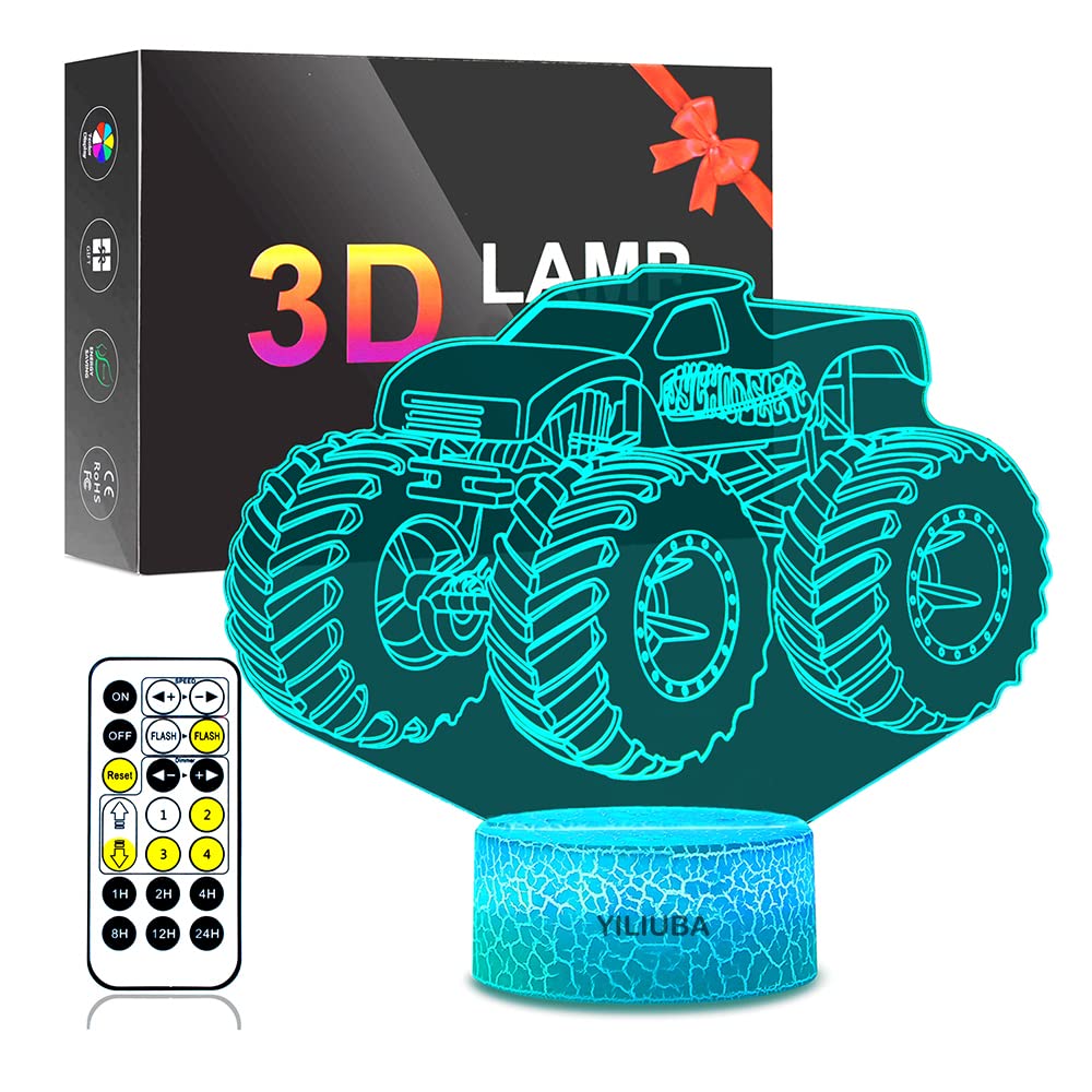 3D Illusion LED Night Light Lamp - Monster Truck Themed Kids Room Decor - Grave Digger Design for Boys & Girls - Perfect Birthday Gift & Party Decoration - Creates Cool 3D Holographic Effects for Bedrooms, Nurseries, and Game Rooms