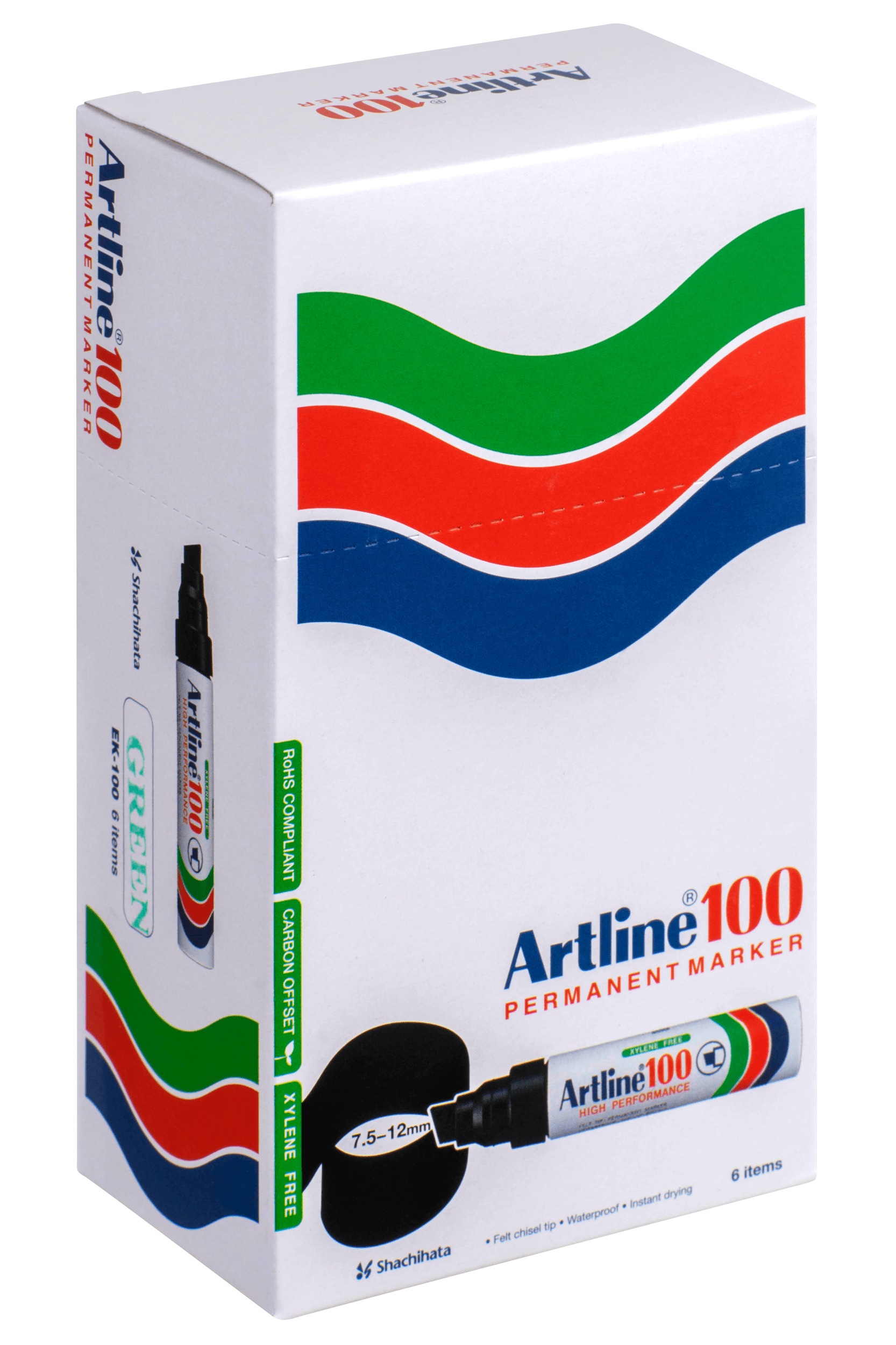 Artline 100 Permanent Marker Chisel Tip Green - Pack of 6 - Bold Industrial Markers for Labeling, DIY Projects & Office Use