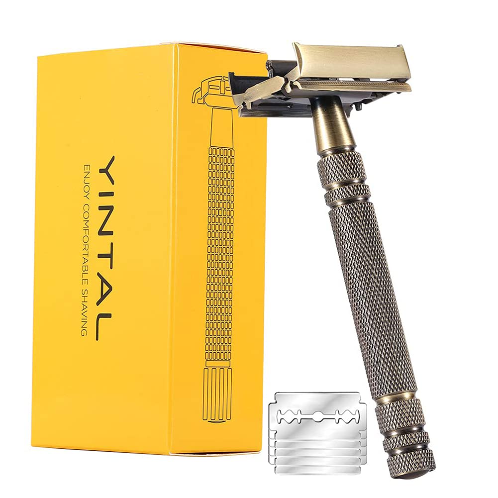 Premium Double Edge Safety Razor for Men & Women - Classic Butterfly Open Design with Bronze Long Handle & 5 Stainless Steel Blades | Reusable Metal Brass Manual Shaver with Close Comb | Perfect for Wet Shaving, Travel & Gift Giving