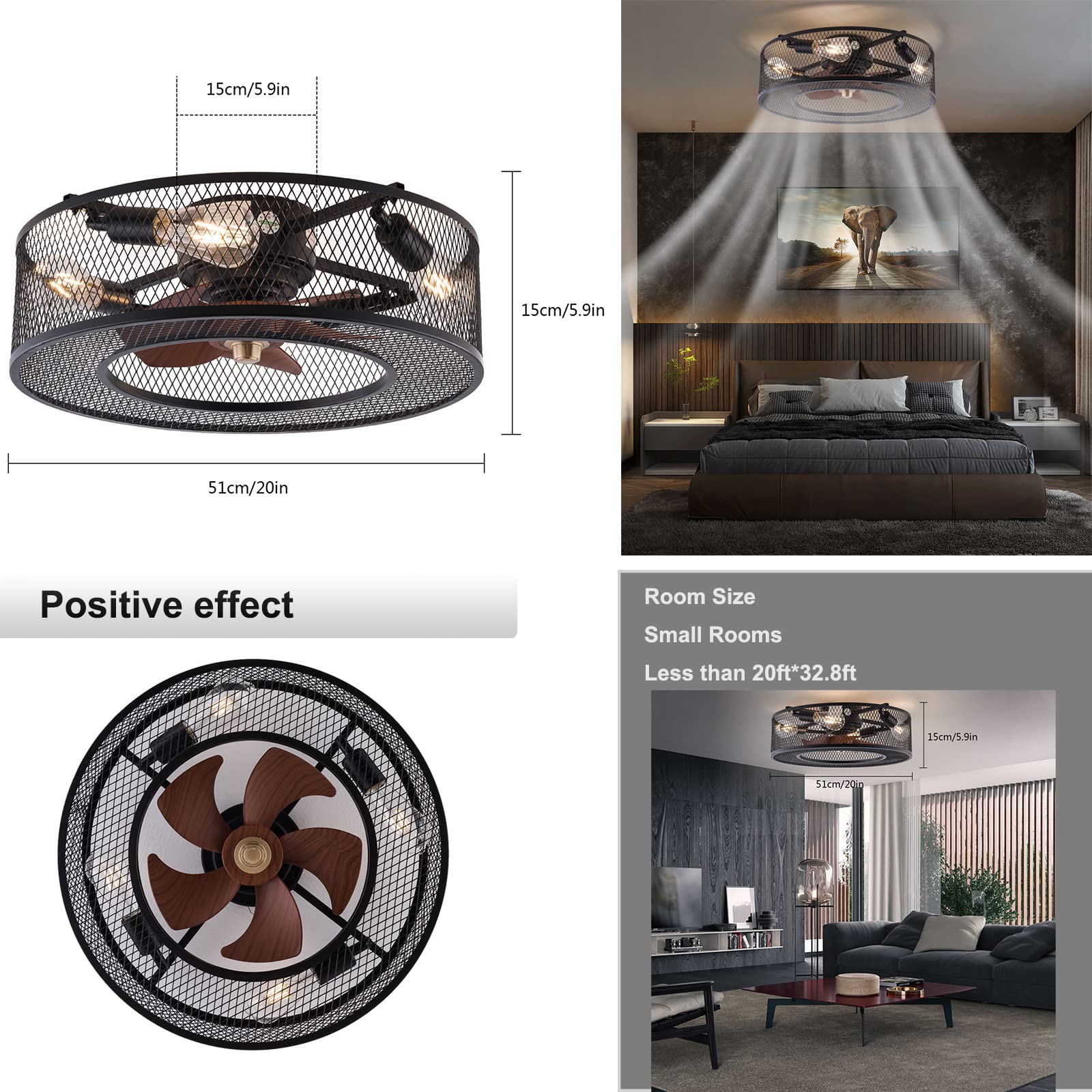 OUKANING Low Profile Ceiling Fan with Light - 3 Speed Adjustable, Remote Control, Enclosed Industrial Design for Living Room, Bedroom, Kitchen - Perfect for Modern Homes and Small Spaces (Black)