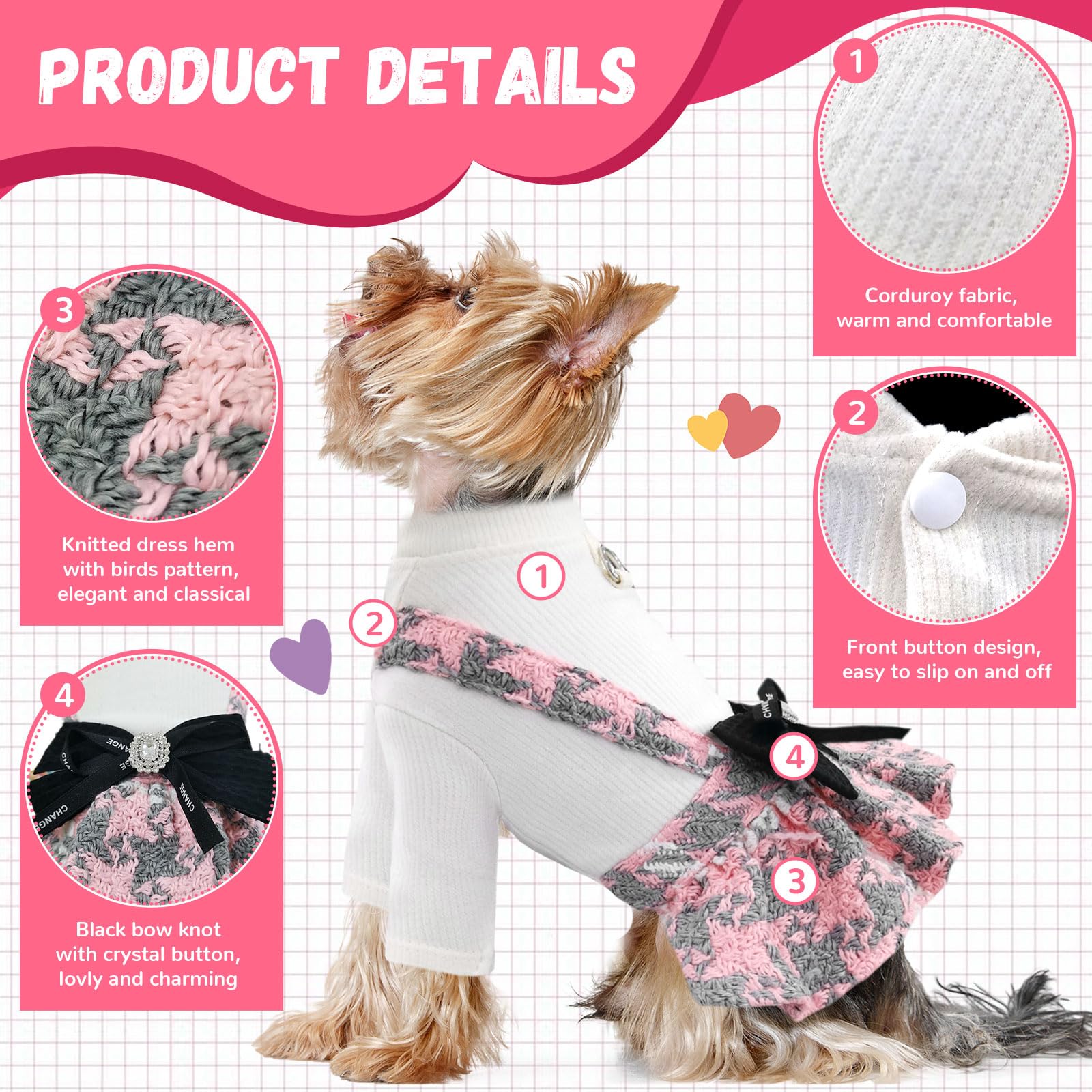 Soft Warm Winter & Spring Dog Dress for Small Dogs - Cute Bowknot Harness with Leash Ring, Fancy Knitted Bird Plaid Design - Valentine's Outfits for Chihuahua, Puppy & Cat (Pink, Small) - Perfect for Daily Walks, Photo Shoots & Special Occasions