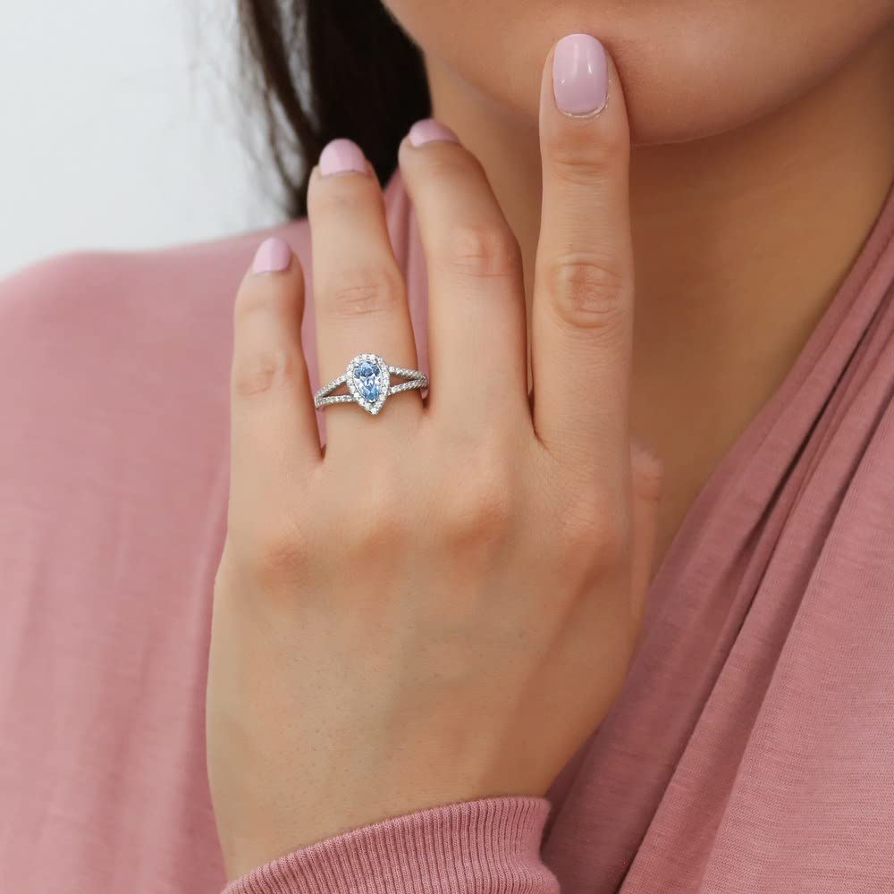 BERRICLE Sterling Silver Halo Wedding Engagement Ring Set - Blue Pear Cut Cubic Zirconia CZ Wishbone Split Shank Ring for Women, Rhodium Plated, Size 4-10 | Perfect for Proposals, Anniversaries & Bridal Jewelry Gifts