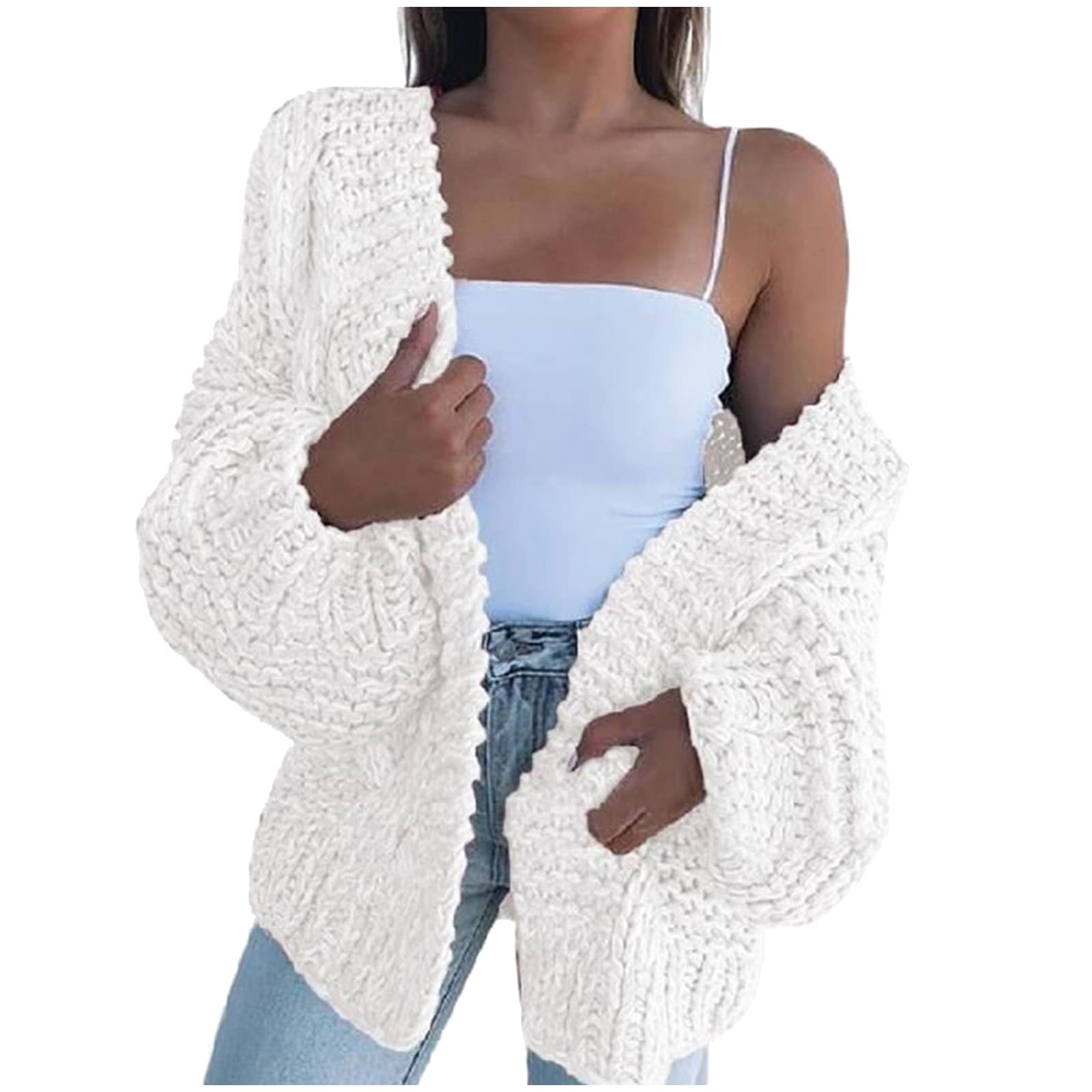 FMCHICO Women's Long Sleeve Cable Knit Cardigan Sweater - Soft Open Front Coat for Fall & Winter | Perfect for Office, Date Night & Casual Outfits
