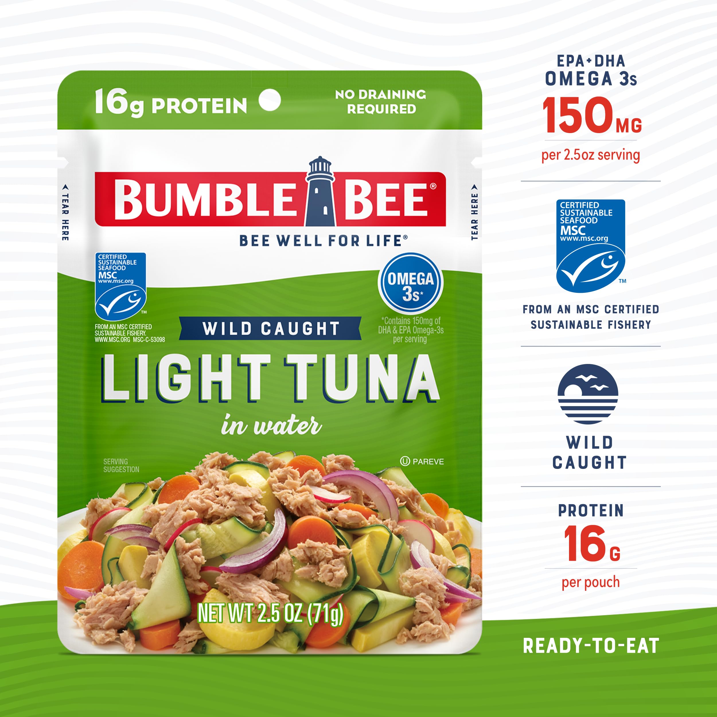 Bumble Bee Chunk Light Tuna in Water, 2.5 oz Pouch - Wild Caught Skipjack Tuna, Ready to Eat, High Protein (16g per Serving) - MSC Certified Sustainable Seafood, Non-GMO, Gluten Free, Kosher - Perfect for Lunches, Camping & Emergency Food Supplies