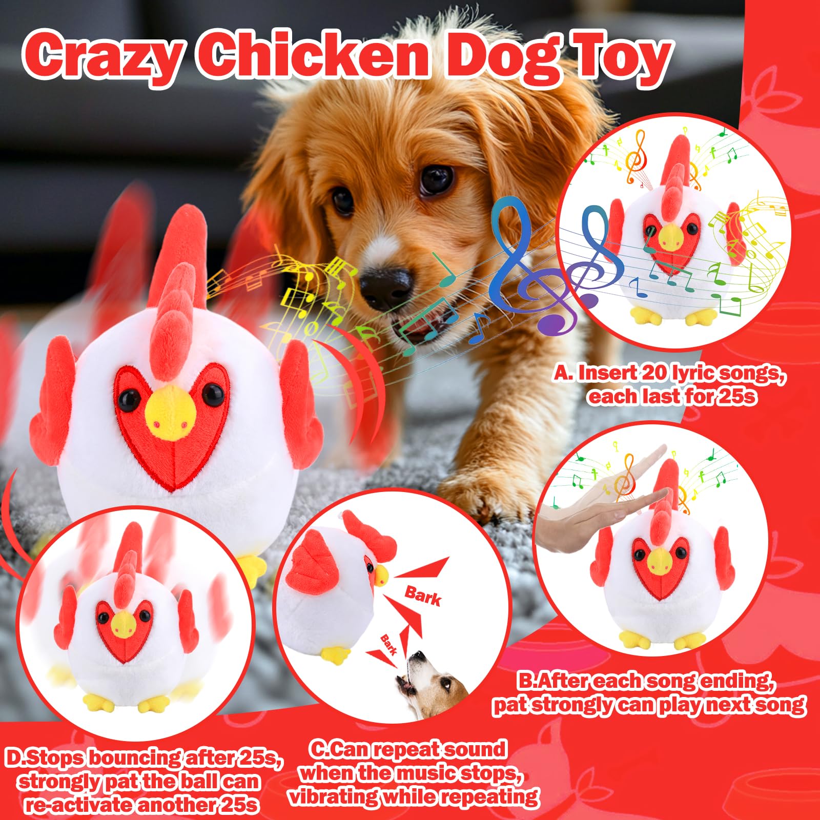 Interactive Dog Toys - Rechargeable Self-Moving Ball with Pop Songs & Recording Mode for Small/Medium/Large Dogs - Crazy Chicken Toy for Boredom Relief & Exercise - Perfect for Indoor Play, Training & Keeping Pets Entertained
