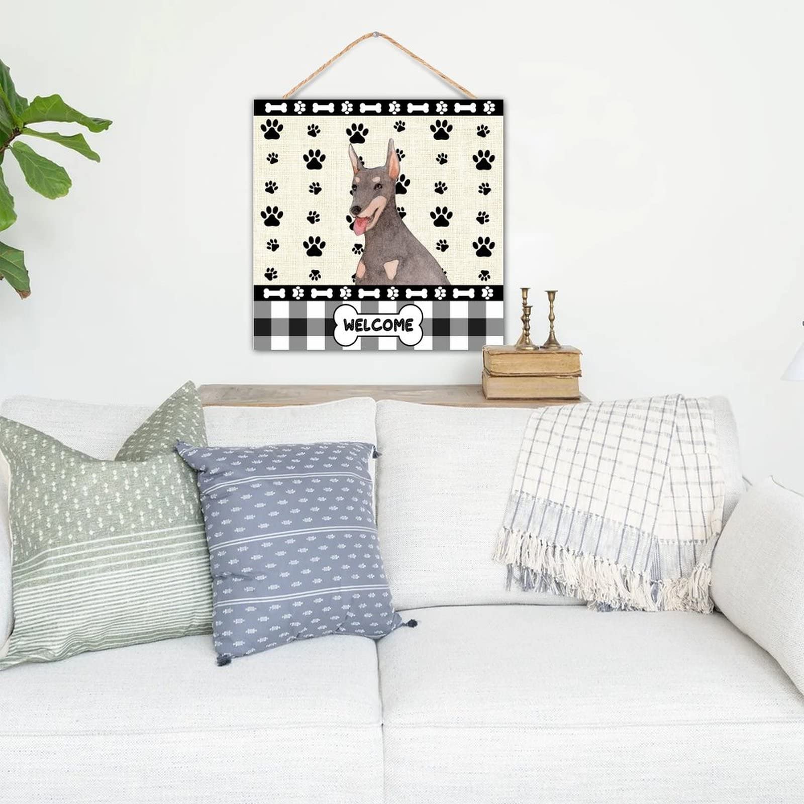 8x8 Inch Rustic Wooden Welcome Sign with Doberman Dog Paw Design - Farmhouse Wall Art Plaque for Door, Kitchen, Dining Room - Handcrafted Home Decor for Pet Lovers & Country Style Interiors (Perfect for Housewarming Gifts & Farmhouse Themed Spaces)