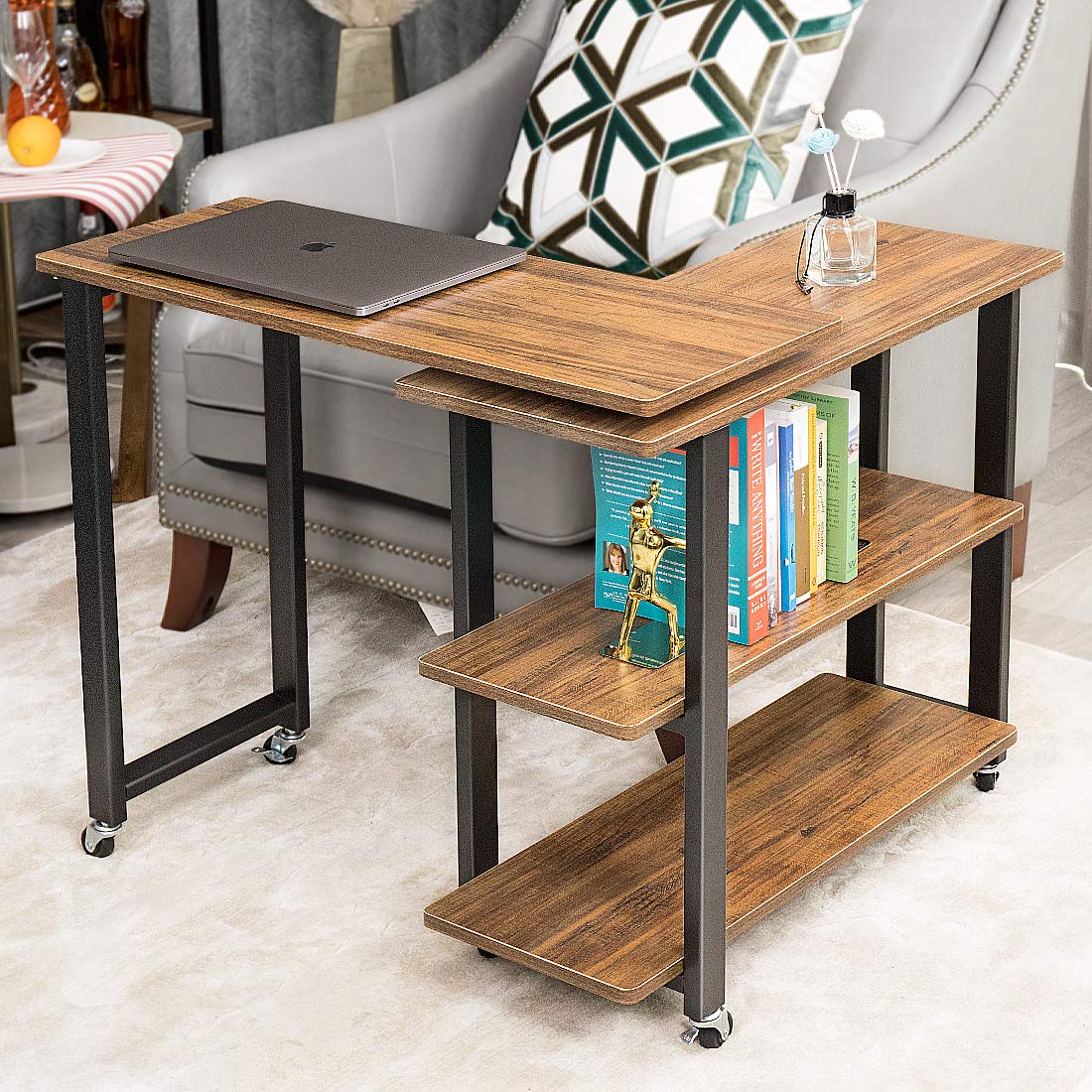 VIVOHOME 360° Rotating Mobile End Table with 2-Tier Storage Shelves & 6 Universal Casters - Portable Laptop Sofa Side Table for Living Room, Bedroom, Office & Dorm Use