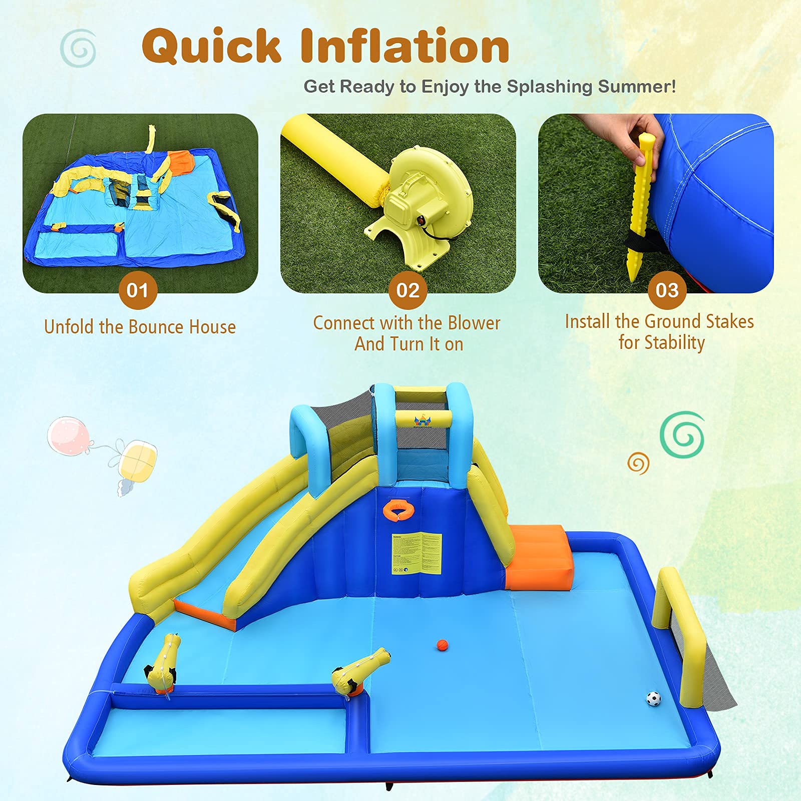 BOUNTECH 7-in-1 Inflatable Water Slide Park with Water Soccer & Splash Pool - 735W High-Power Blower Included - Giant Backyard Water Slides for Kids & Adults - Perfect for Summer Parties, Family Gatherings & Outdoor Fun