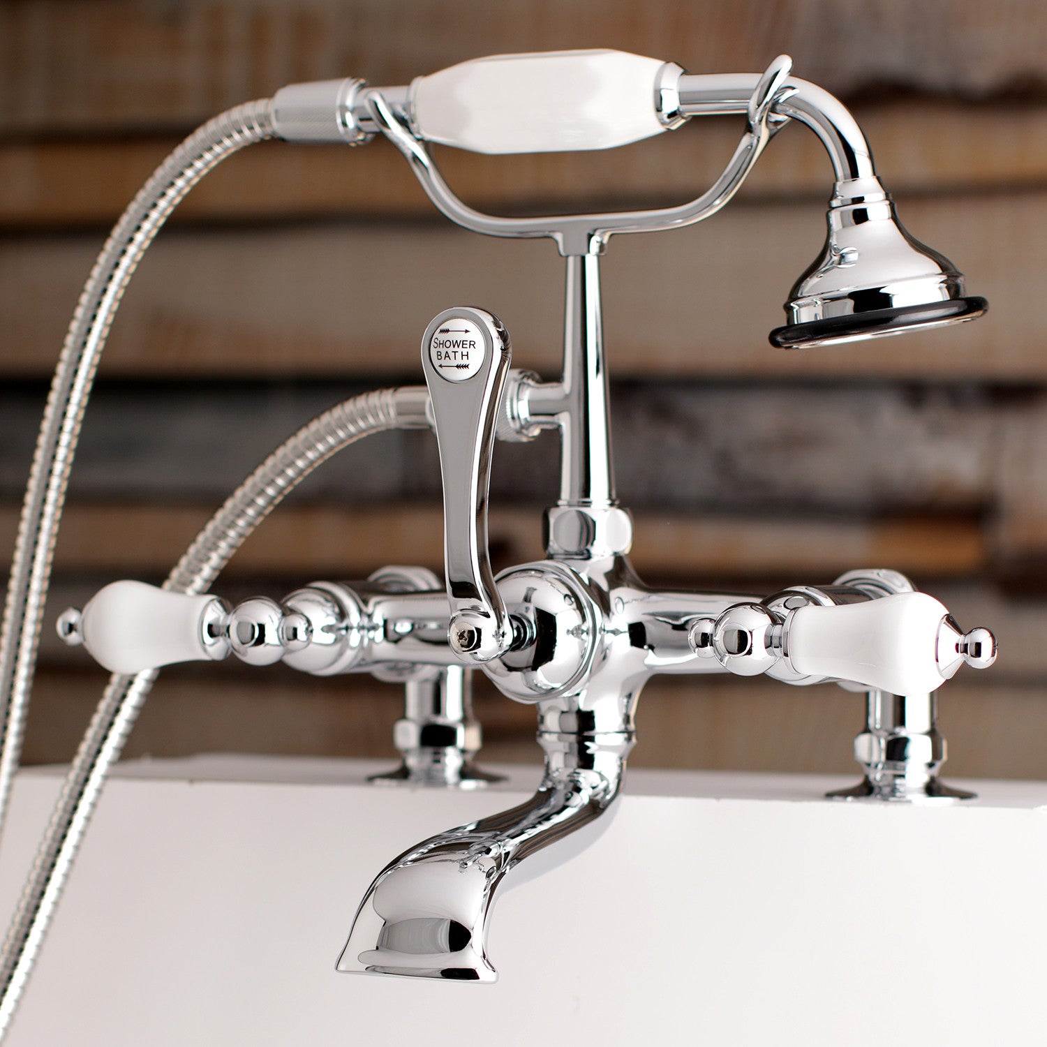 Vintage Clawfoot Tub Faucet with Hand Shower - 3 Handle 2 Hole Deck Mount Bathroom Fixture in Polished Chrome - Perfect for Antique & Victorian Style Bathroom Renovations
