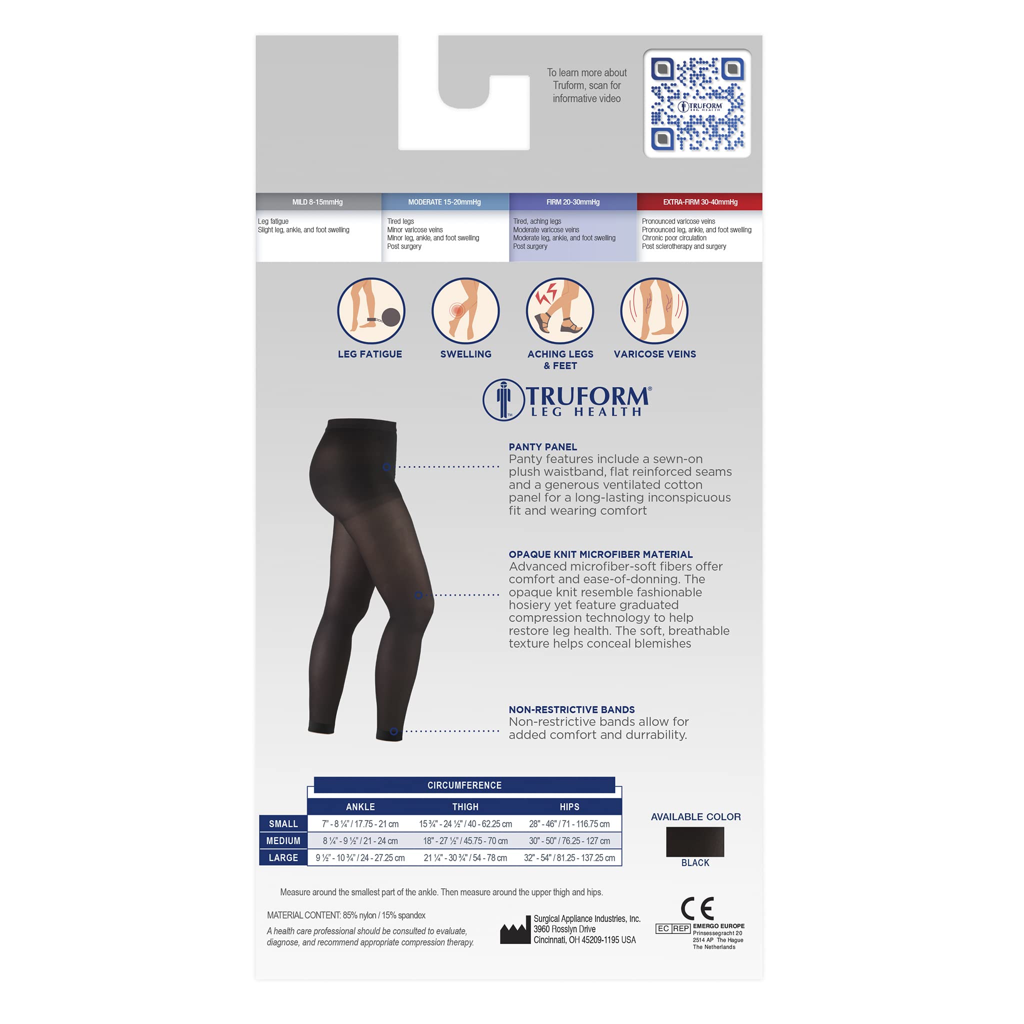 Truform Women's 20-30 mmHg Compression Tights - Black Medium for Work & Travel