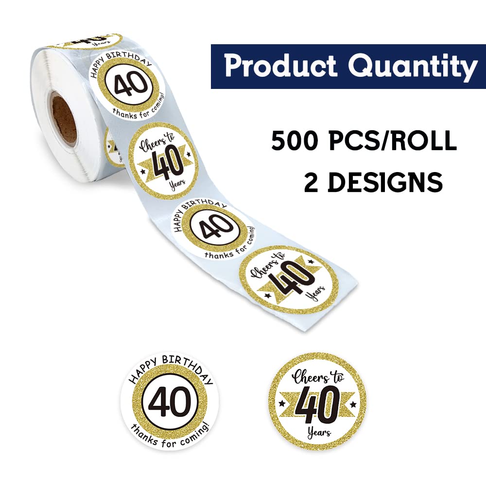 REWIDPARTY White Gold 40th Birthday Stickers Rolls - Cheers to 40 Years, Happy 40th Birthday Party Decorations (500 Stickers per Roll) - Perfect for Birthday Favors, Anniversary Parties & Celebration Decorations