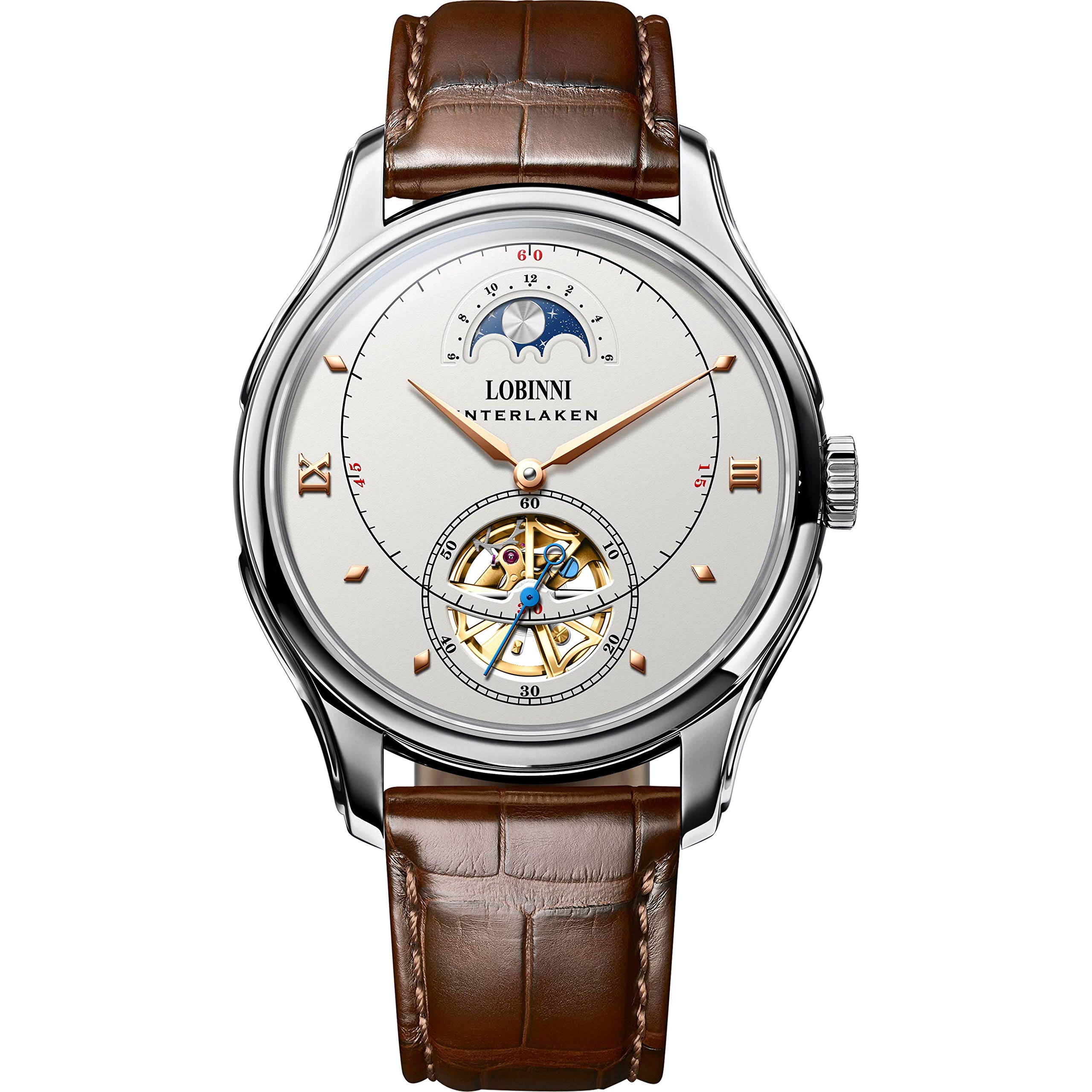 LOBINNI Men's Automatic Skeleton Dress Watch - Luxury Self-Winding Mechanical Wristwatch with Day/Night Indicator, 50m Waterproof - Perfect for Business, Formal Events & Everyday Wear