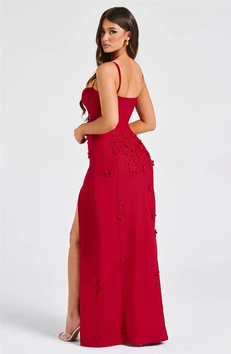 3D Floral Spaghetti Strap Sexy Maxi Dress for Women - Off Shoulder Backless Thigh High Split Evening Gown | Perfect for Club Parties, Date Nights & Summer Vacations