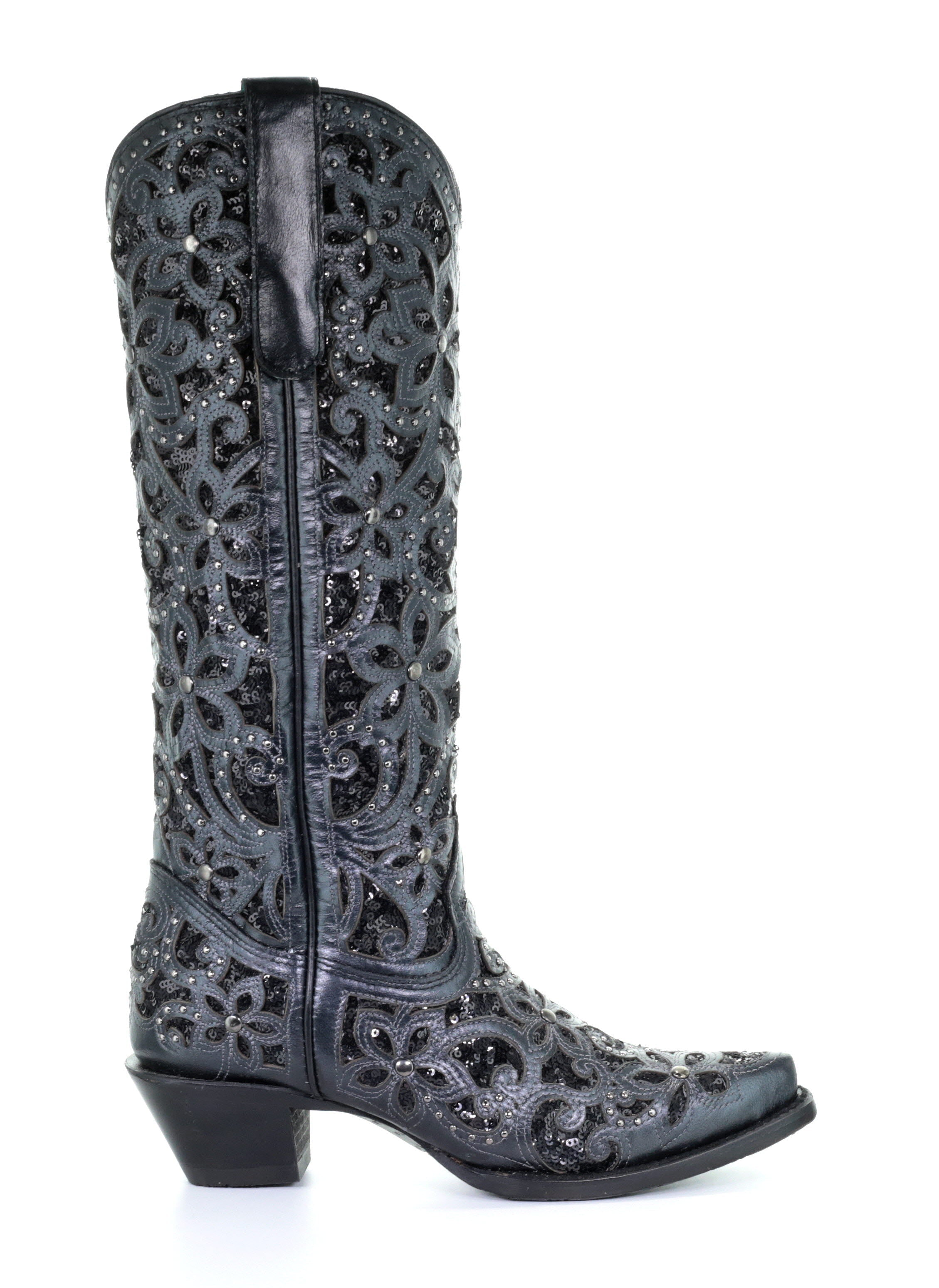 Women's Black Western Cowgirl Knee High Boots with Leather & Sequins - Perfect for Rodeo, Country Dancing & Cowgirl Fashion