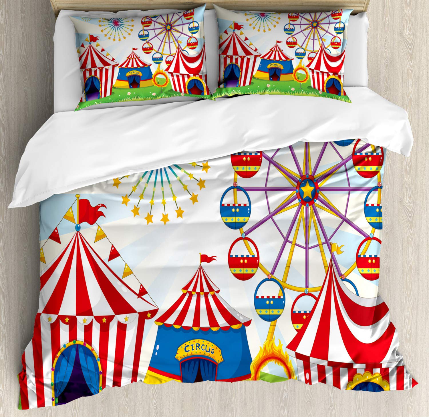 Ambesonne Ferris Wheel Duvet Cover Set - Vibrant Carnival Illustration with Striped Tents & Starburst Pattern, 3-Piece King Size Bedding Set with 2 Pillow Shams, Multicolor - Perfect for Themed Bedrooms, Guest Rooms & Carnival-Inspired Decor