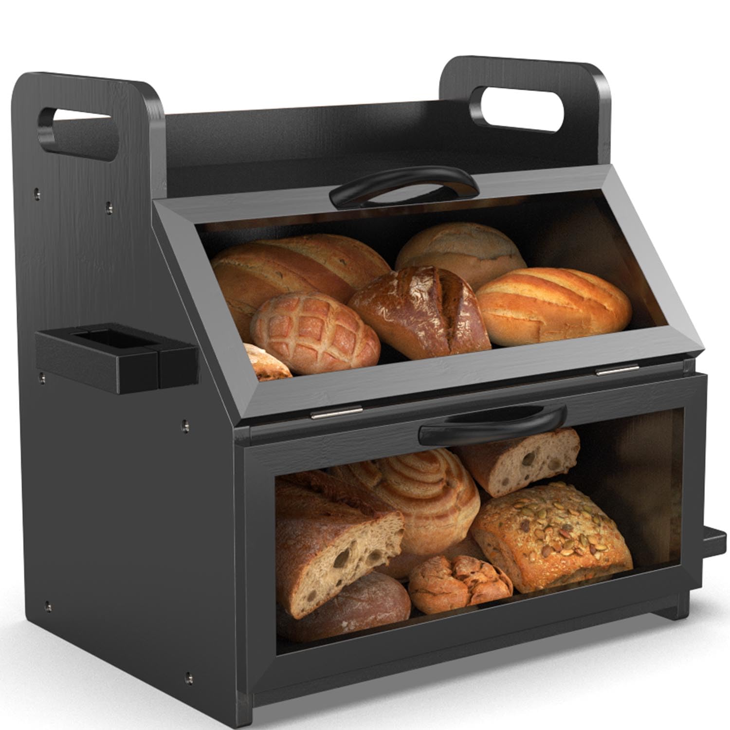 Airtight Extra Large Wooden Bread Box for Kitchen Counter - Double Layer Bread Storage with Tool Holder, Handles & Window (14.9
