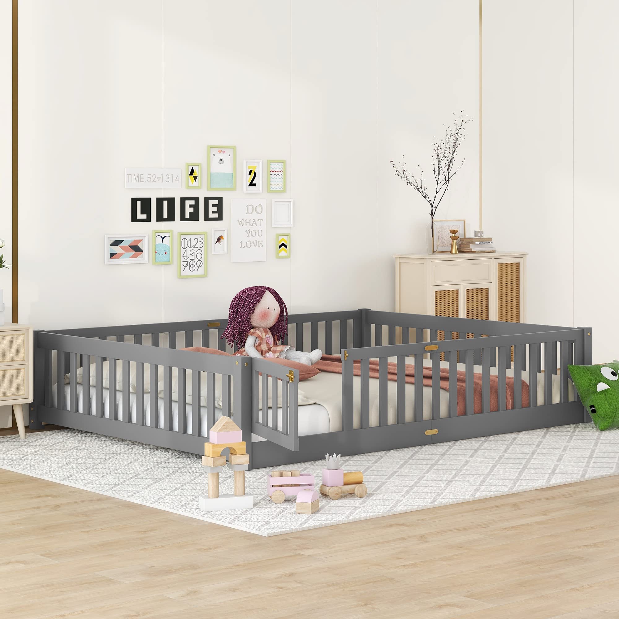 Queen Size Gray Wooden Floor Bed Frame with Safety Fence & 7 Slats - Sturdy Kids Bed for Toddler Room, Nursery, or Playroom - Low Profile Platform Bed with Guardrails for Child Safety