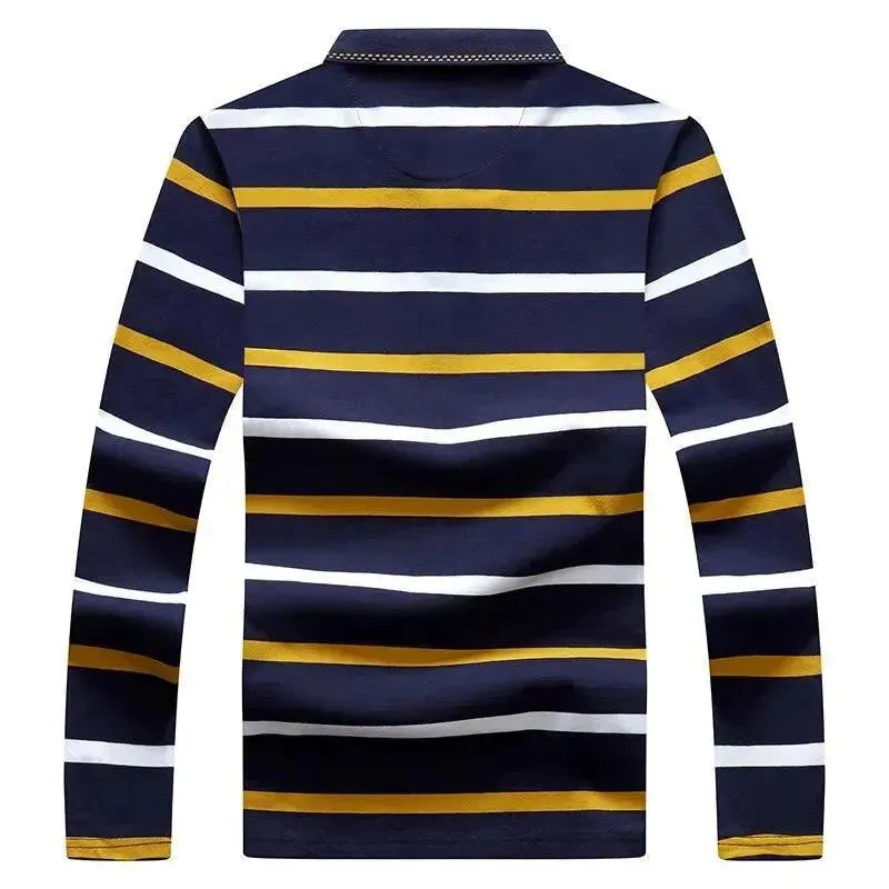 Men's Striped Polo Shirt - 100% Cotton Long Sleeve Casual Shirt for Business, Golf & Everyday Wear
