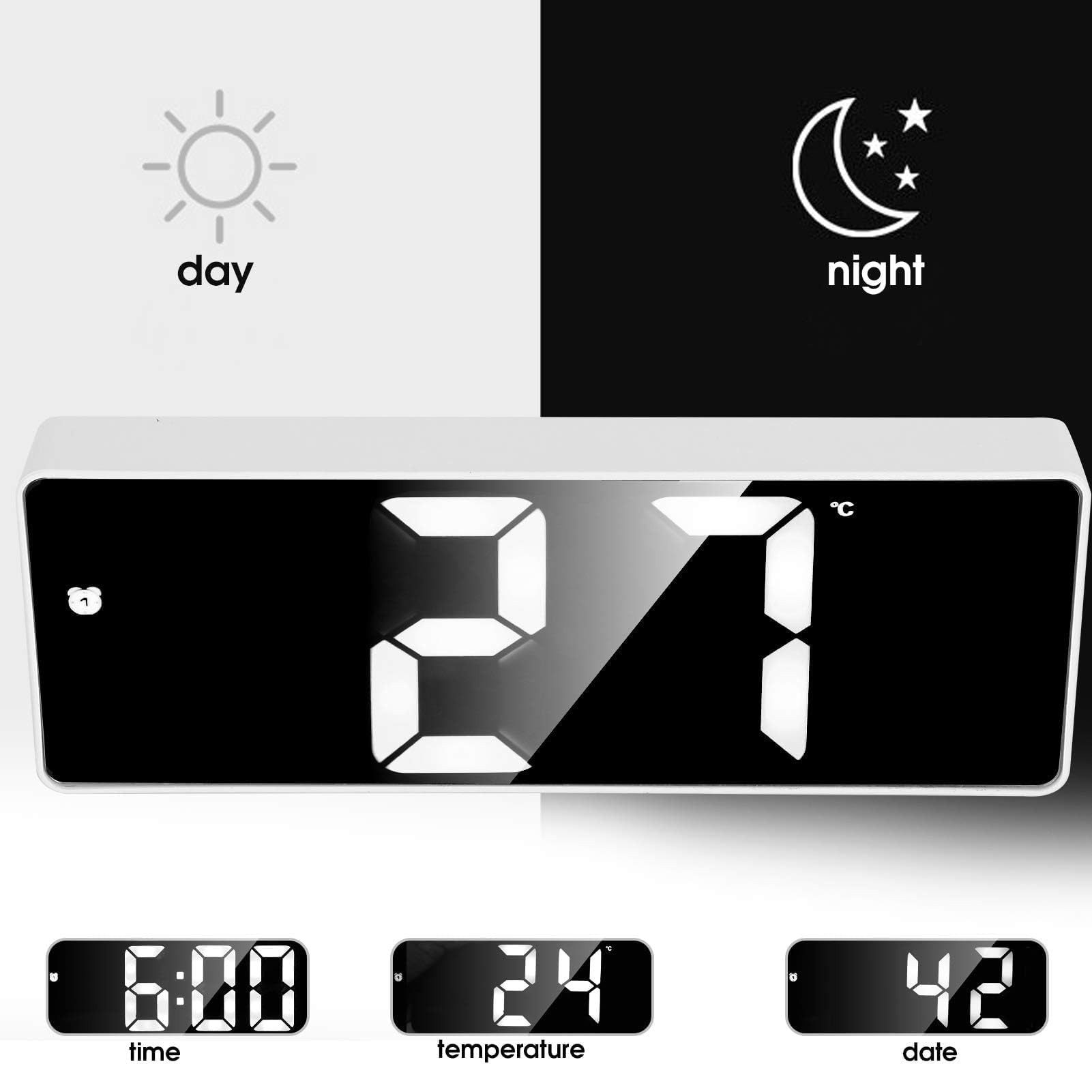 Digital Alarm Clock with Adjustable Brightness - Mirror Surface LED Desk Clock for Bedroom, Snooze Function, Voice Control, 12/24H Display | Perfect for Nightstands, Home Office & Dorm Rooms