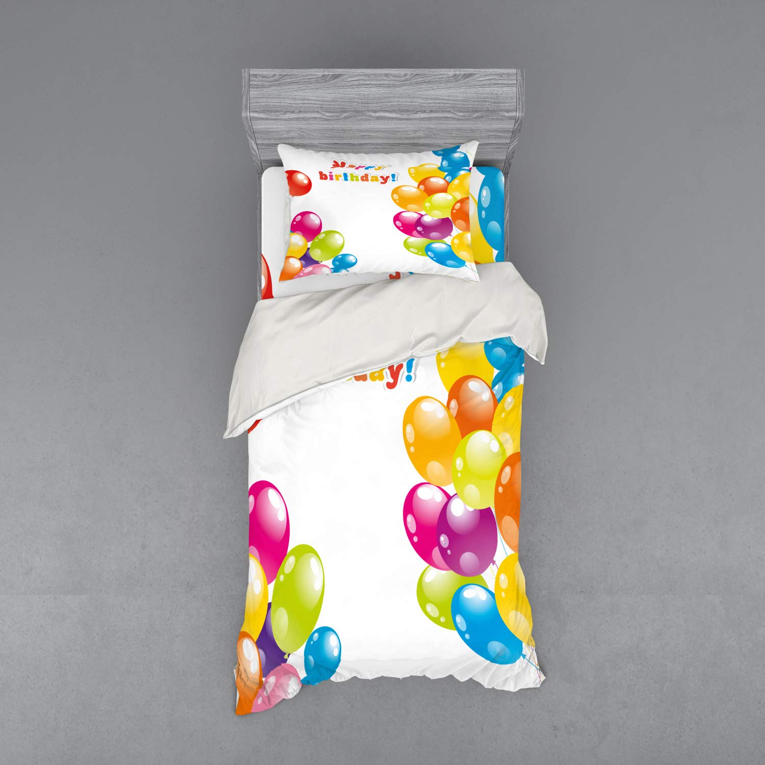 Ambesonne Colorful Balloon Birthday Bedding Set - 3 Piece Duvet Cover with Sham & Fitted Sheet, Twin Size, Vibrant Multicolor Design for Kids & Teens Room Decor - Perfect for Birthday Parties, Sleepovers & Special Occasions
