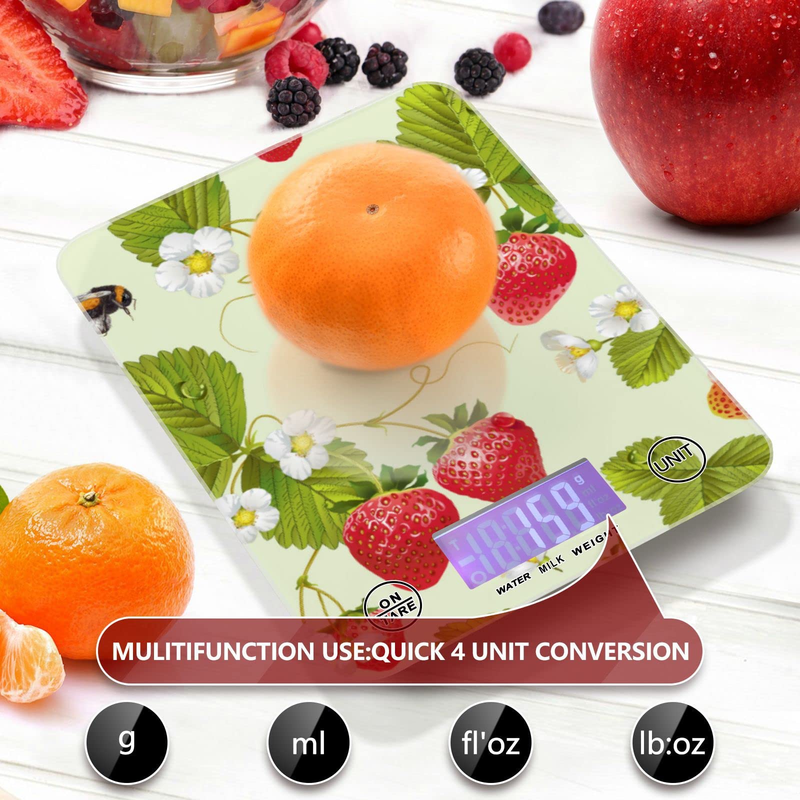 11lb Digital Kitchen Scale with Strawberry Design - Waterproof Food Scale for Ounces & Grams - Perfect for Weight Loss, Coffee, Baking, Cooking & Meal Prep