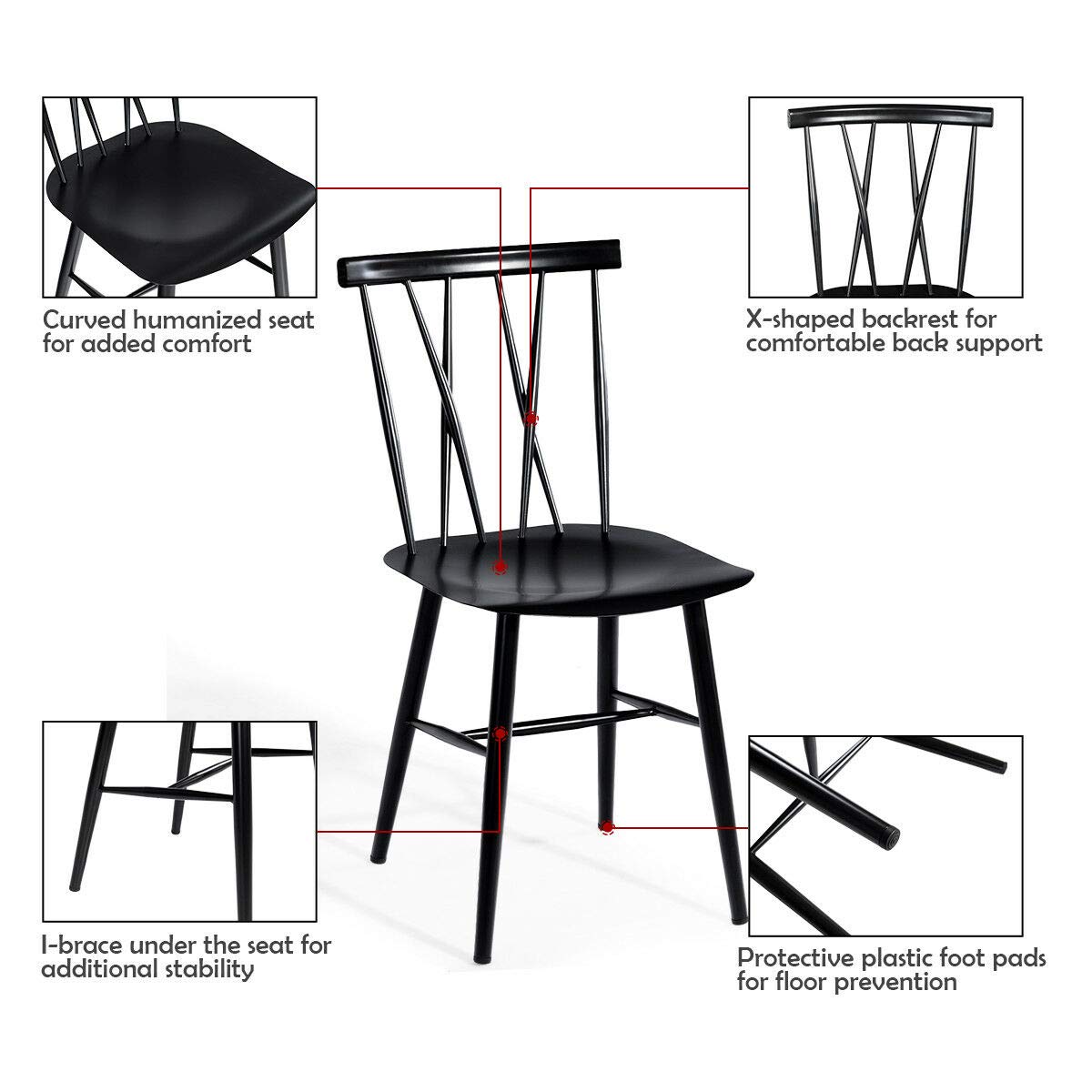 COSTWAY Dining Chair Set of 2 - Farmhouse Windsor Chairs with Spindle Back & Sturdy Metal Frame, 17'' Height Kitchen Side Chairs for Dining Room, Living Room or Restaurant Use | Perfect for Home Decor, Family Gatherings & Commercial Spaces