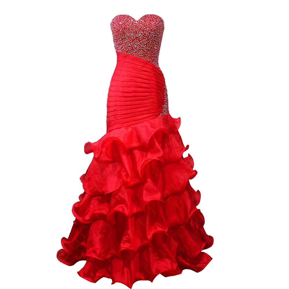 Elegant Sweetheart Organza Beaded Mermaid Ruffles Long Formal Prom Evening Dress for Women - Perfect for Homecoming, Wedding Guest & Special Occasions