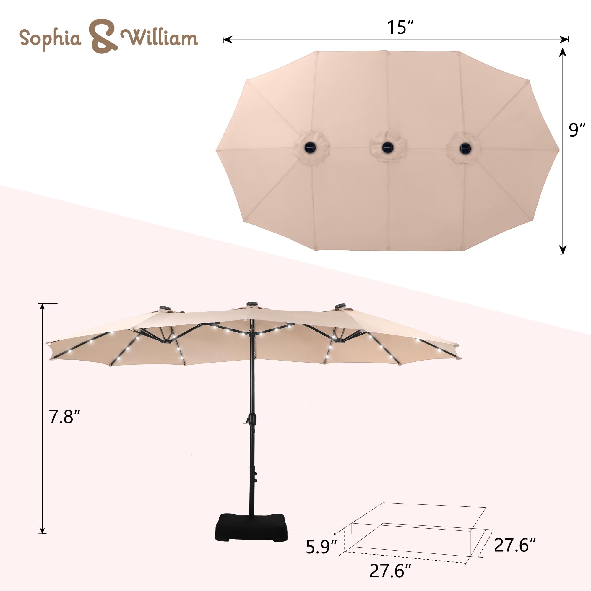 15 ft Extra Large Rectangular Patio Umbrella with Solar Lights & Base - Heavy Duty Double-Sided Outdoor Market Umbrella for Pool, Garden, Backyard (Beige) | Perfect for Shade, Outdoor Dining & Relaxation