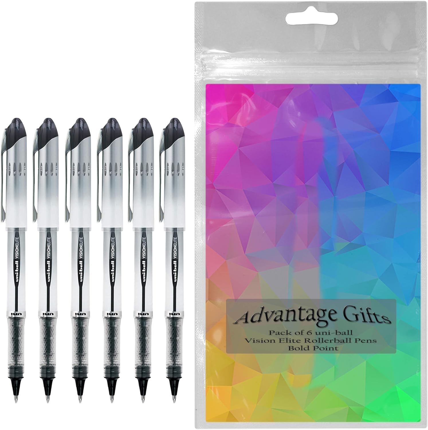 Uni-ball Vision Elite Rollerball Pens - 0.8mm Bold Point Black Ink (6-Pack) with Reusable Pouch | Smooth Writing for Office, School & Journaling | Premium Rollerball Pen Set for Professionals & Students